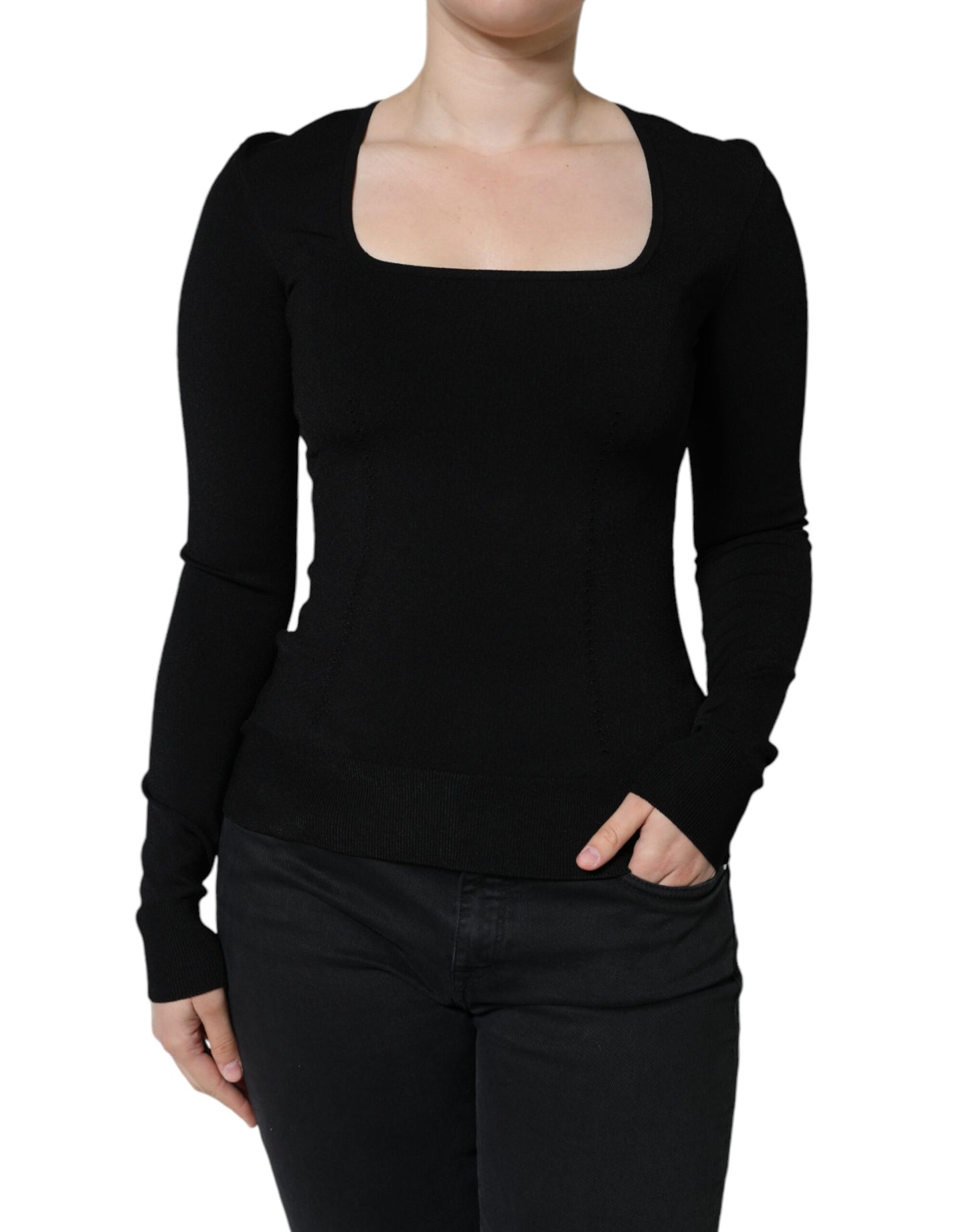 - Black Long Sleeves Blouse Square Neck Top