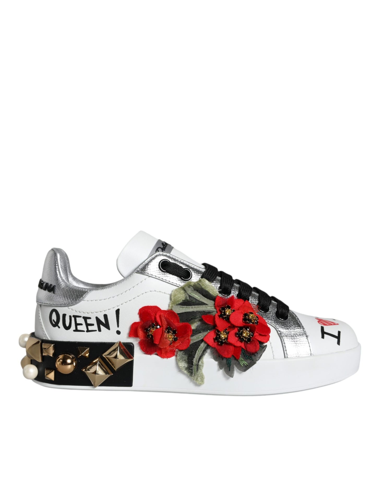 Dolce & Gabbana White Leather Floral Studded Sneakers