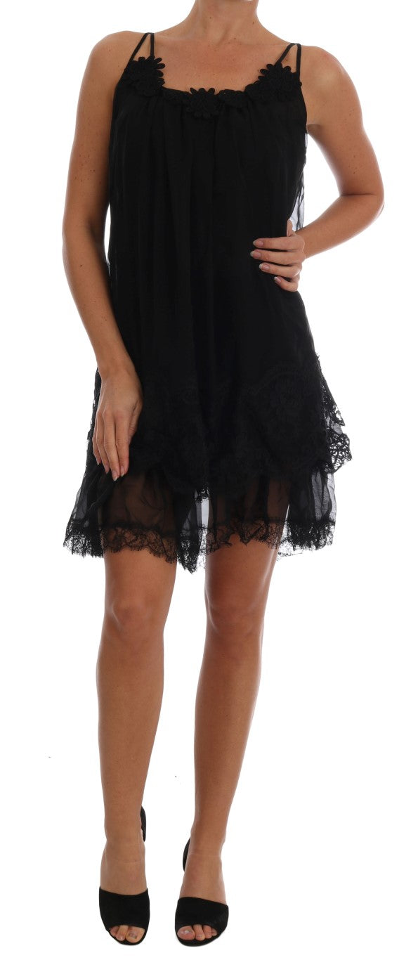 - Elegant Black Silk Lace Chemise Dress