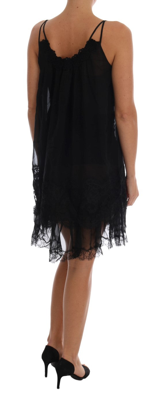 - Elegant Black Silk Lace Chemise Dress