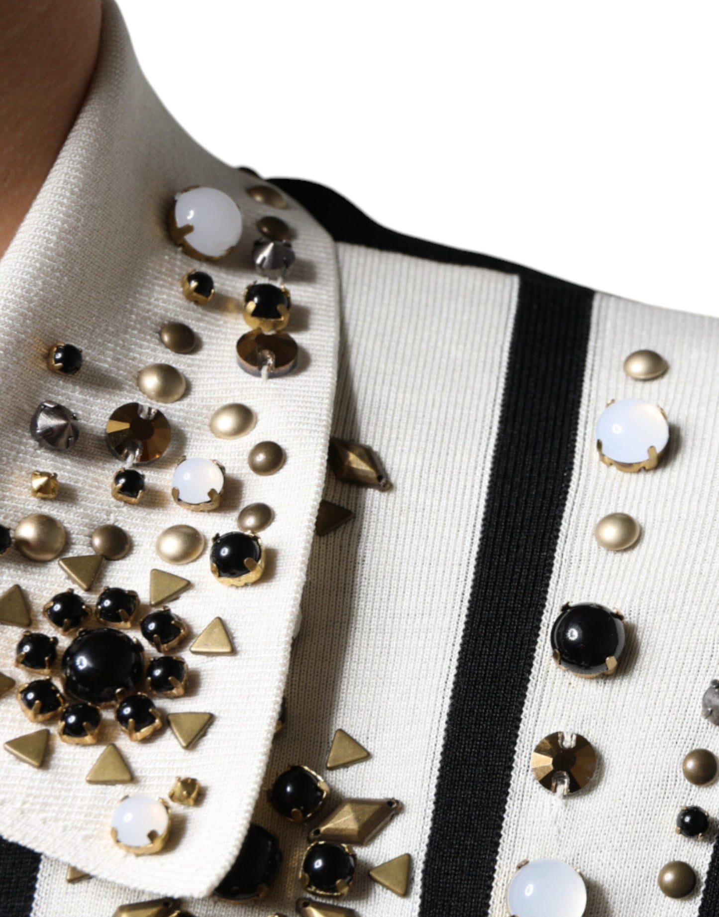 - White Black Silk Studded Stone Crystal Shirt