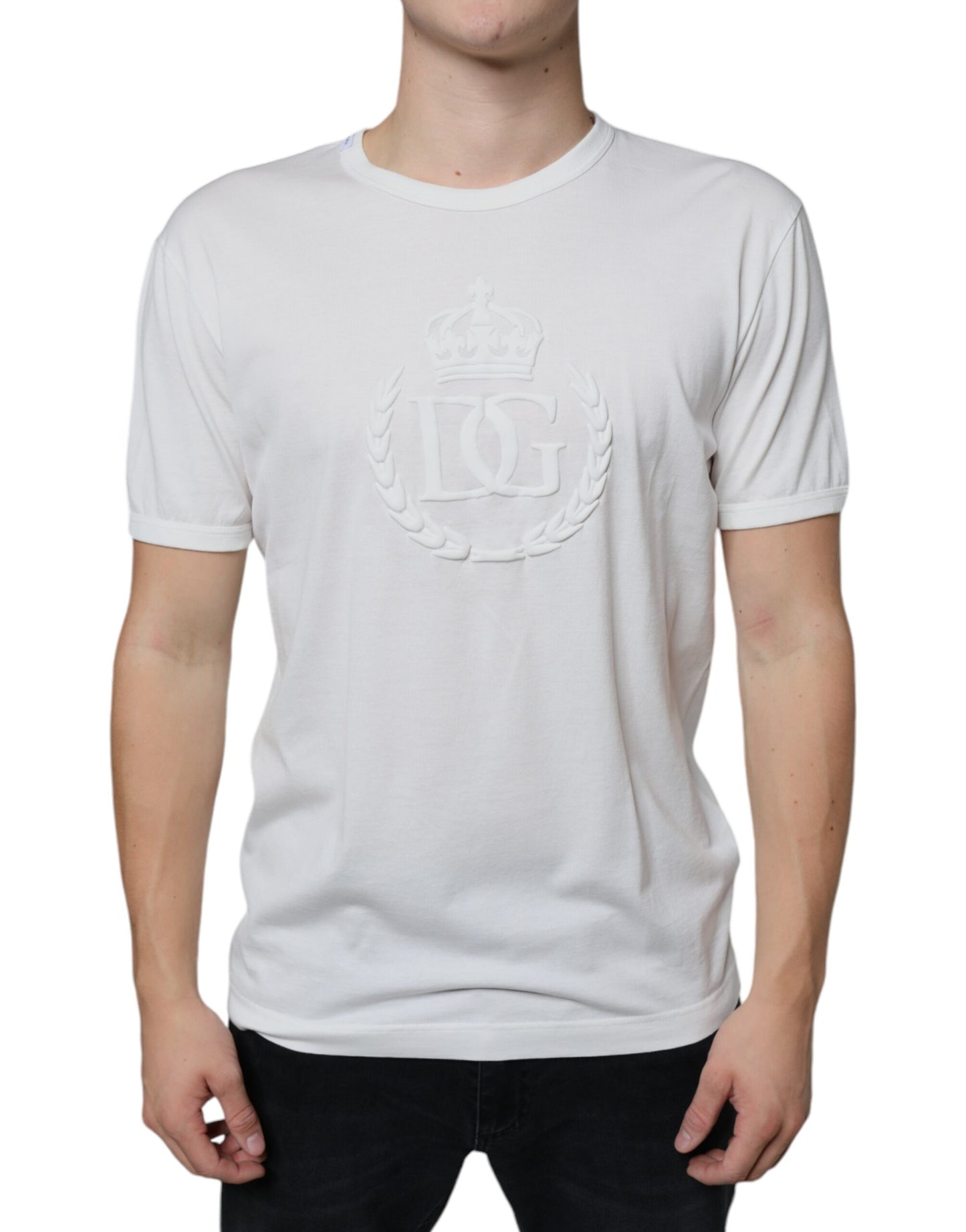- White Logo Embossed Cotton Crewneck T-shirt