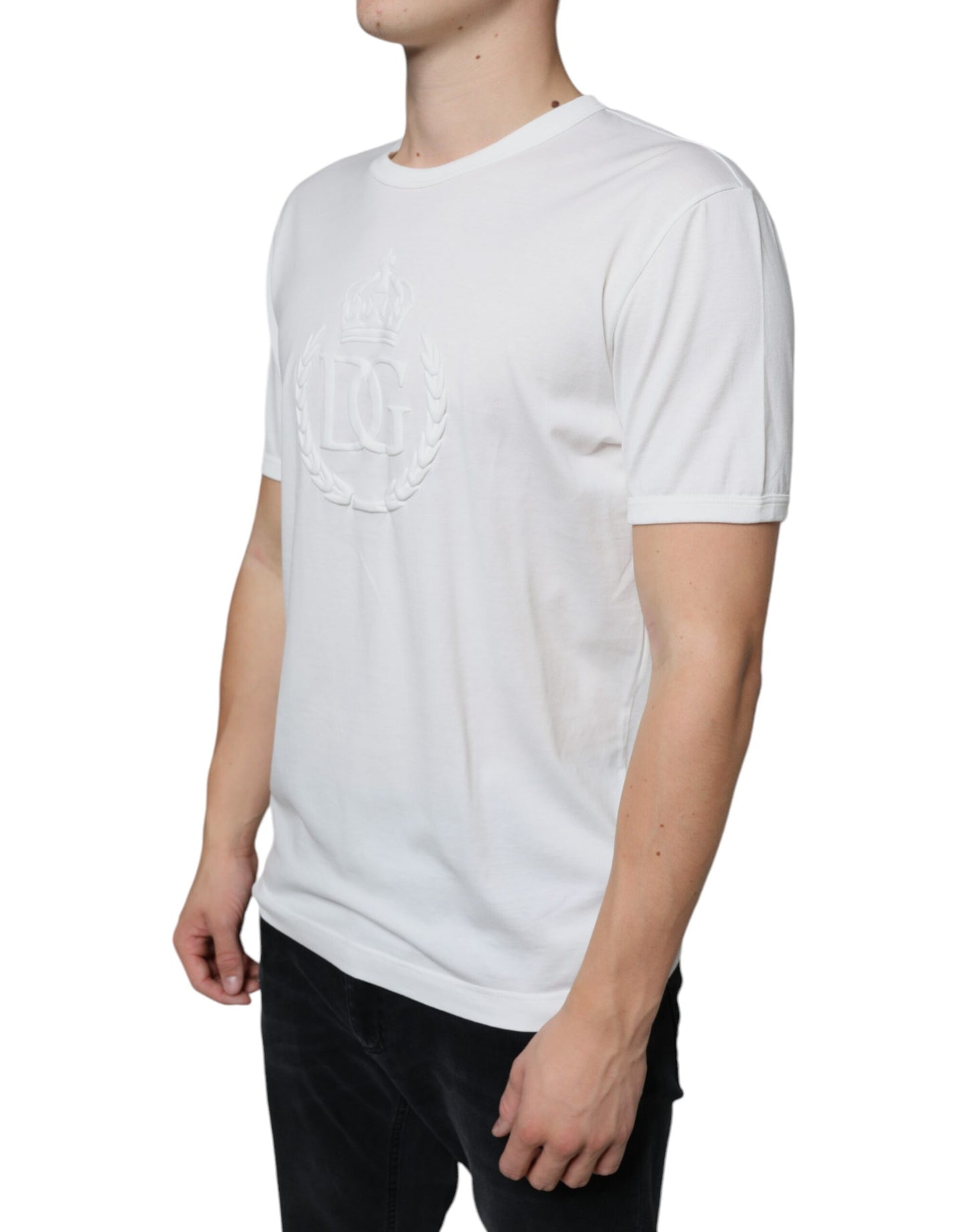 - White Logo Embossed Cotton Crewneck T-shirt