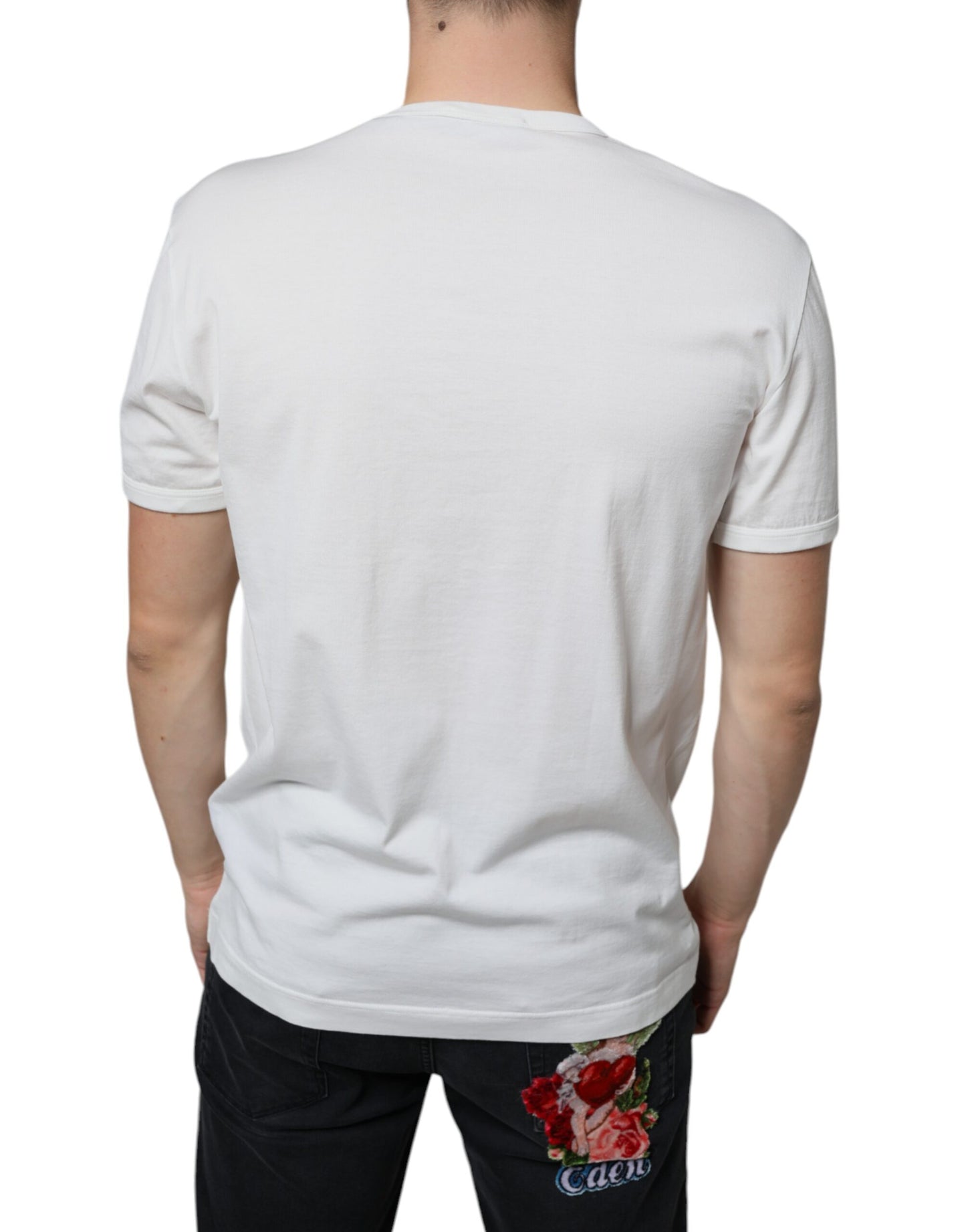 - White Logo Embossed Cotton Crewneck T-shirt