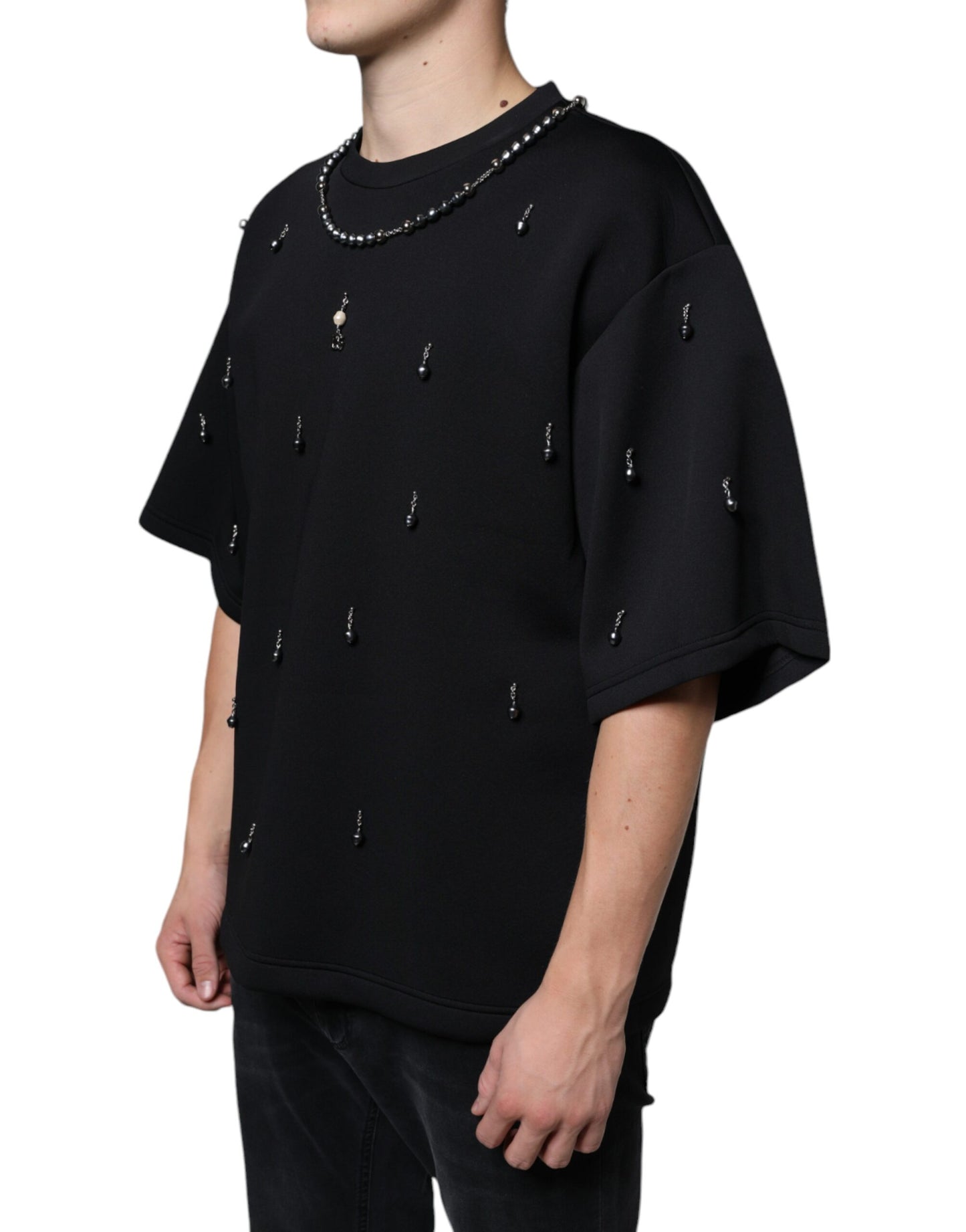 - Black Polyester Necklace Embellished T-shirt