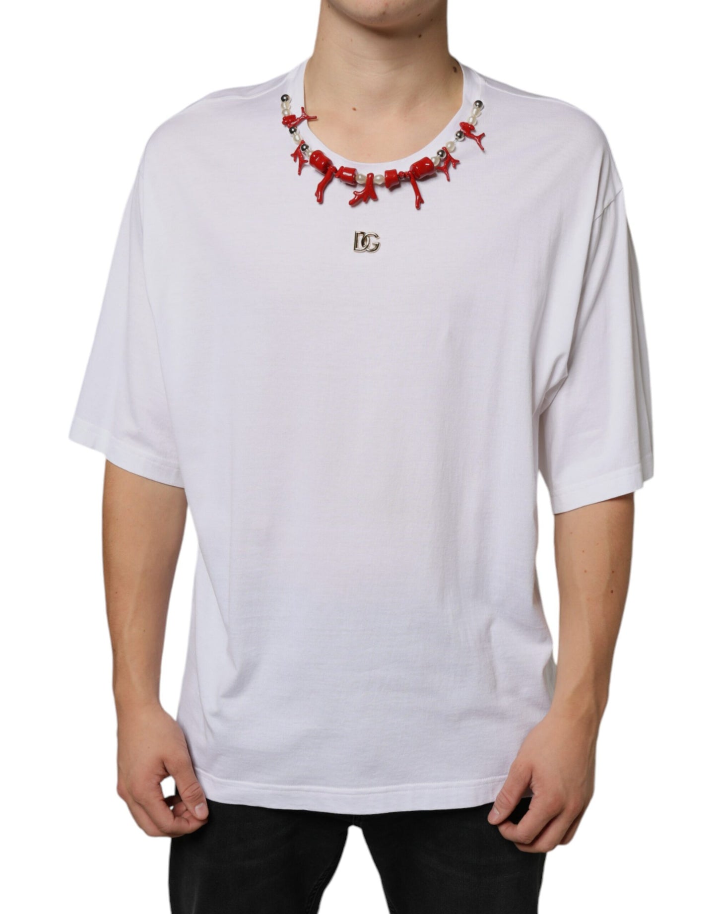 - White Cotton Necklace Embellished T-shirt