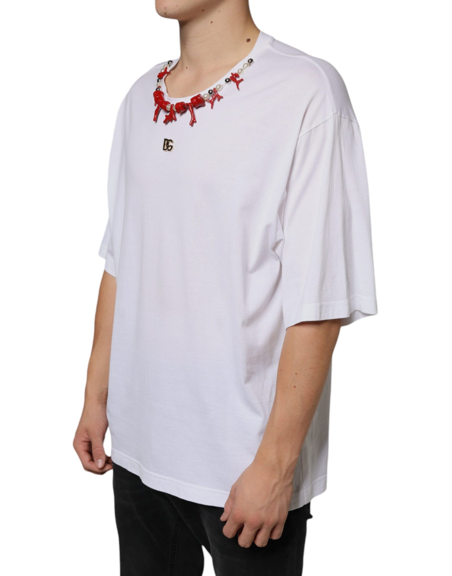 - White Cotton Necklace Embellished T-shirt