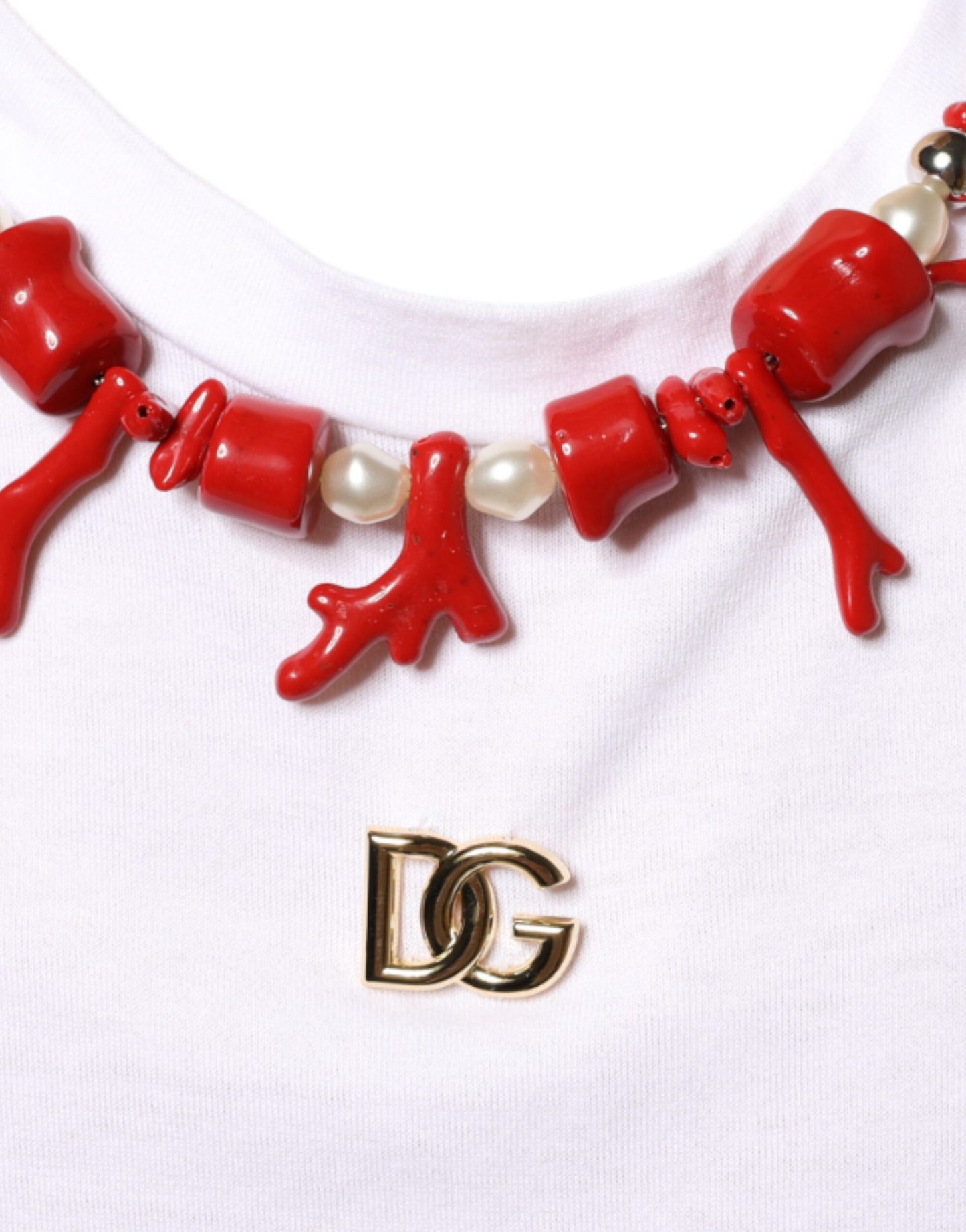 - White Cotton Necklace Embellished T-shirt