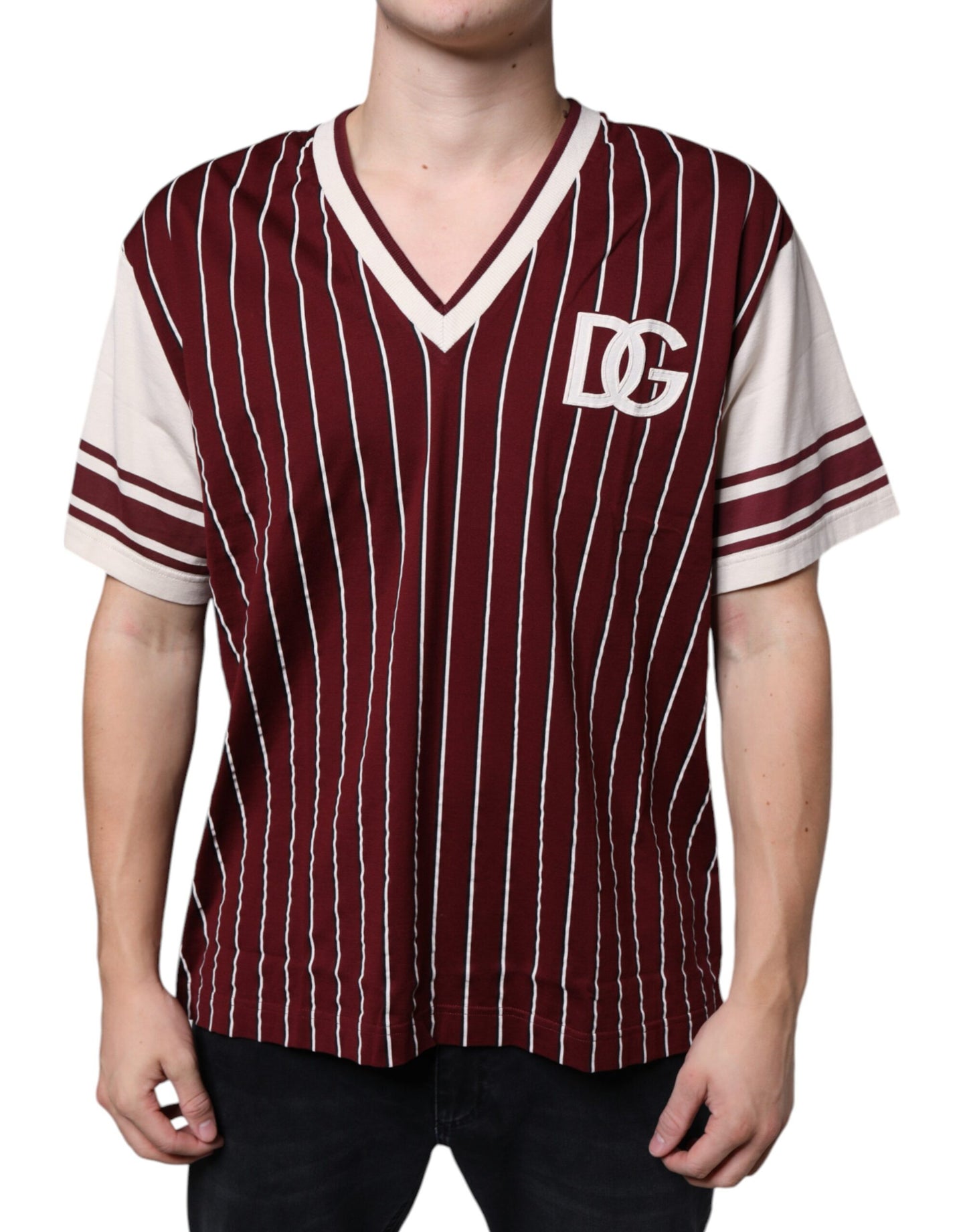- Maroon Stripes Cotton Logo V-neck T-shirt