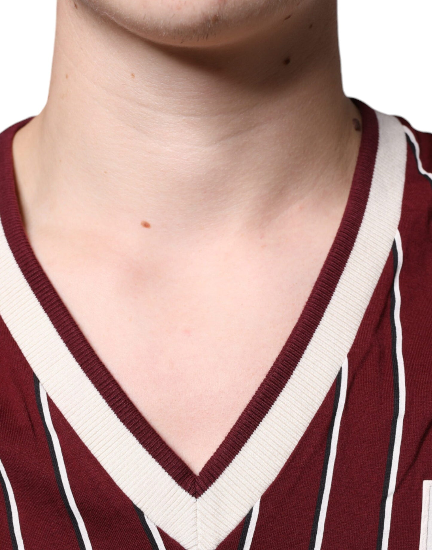 - Maroon Stripes Cotton Logo V-neck T-shirt
