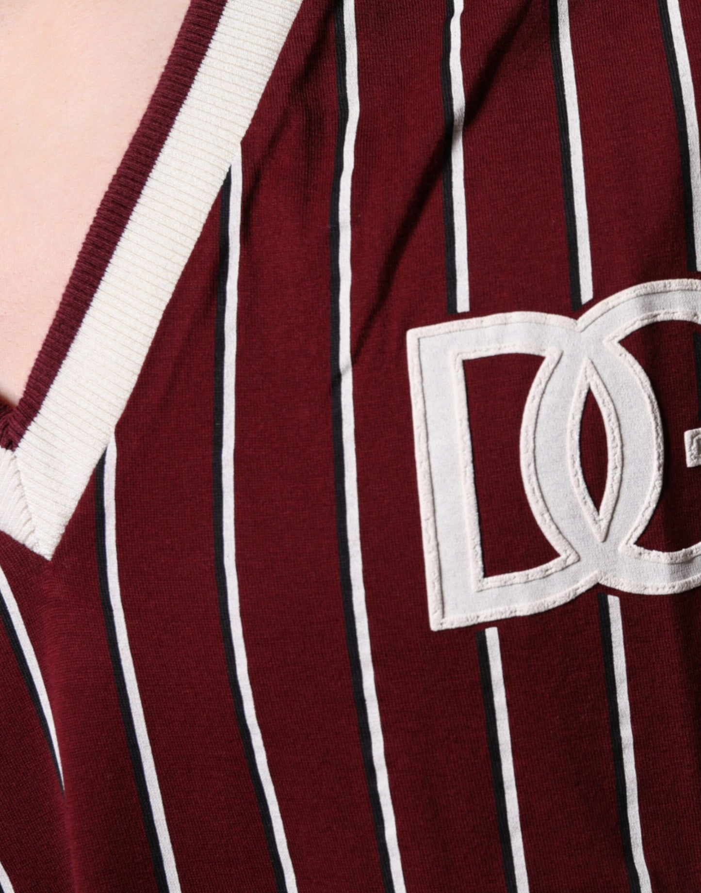 - Maroon Stripes Cotton Logo V-neck T-shirt