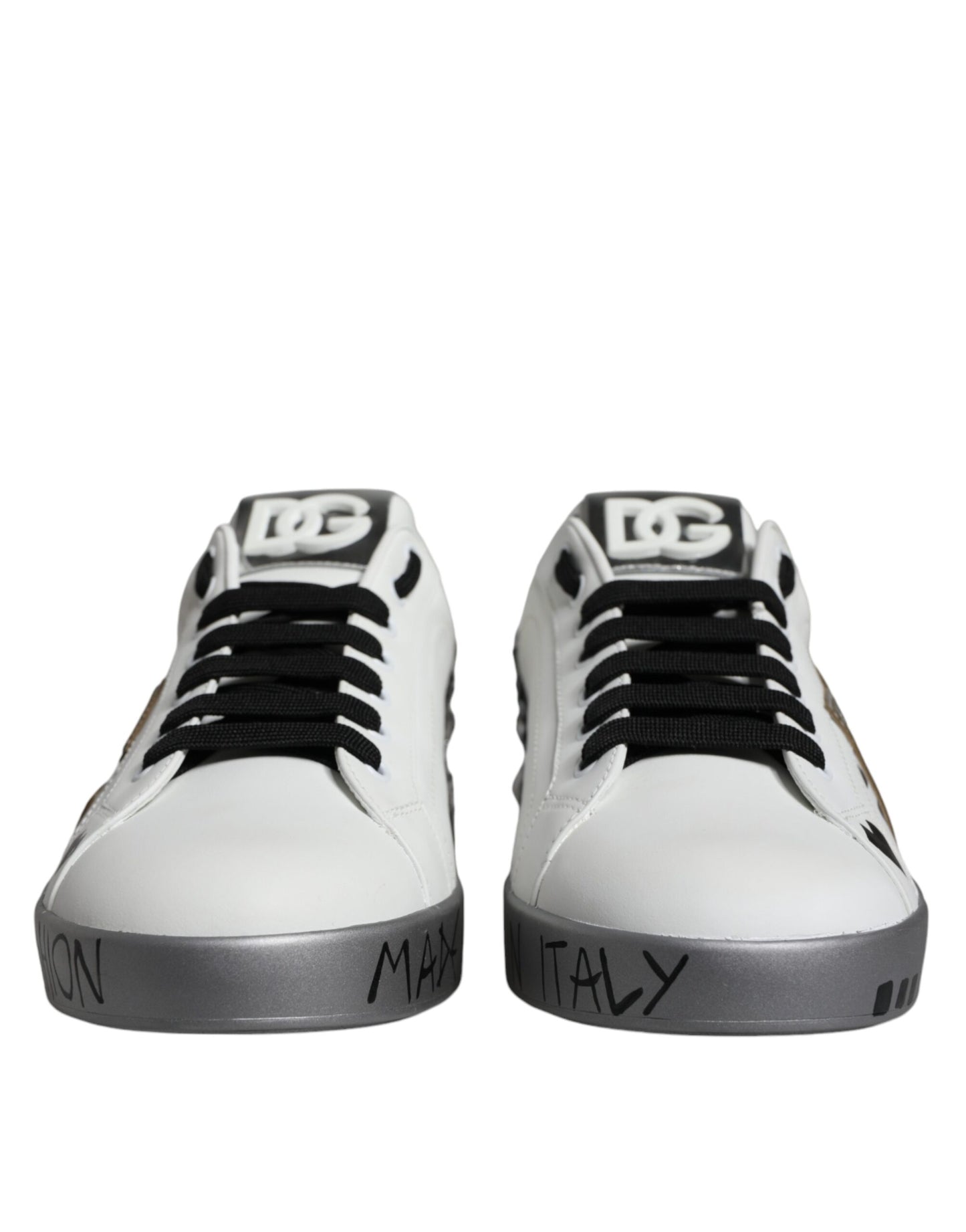 Dolce & Gabbana White Silver Crystal Logo Portofino Sneakers
