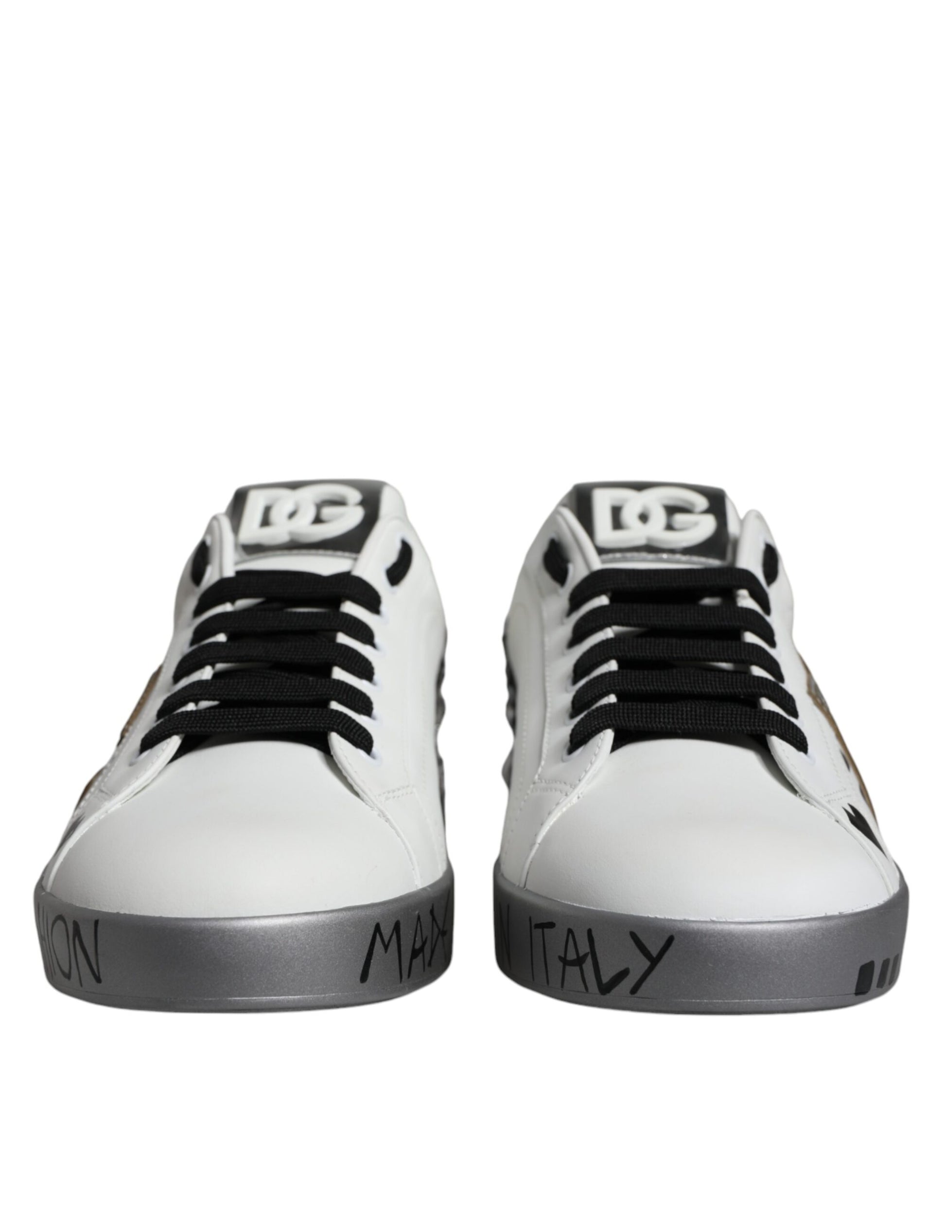 Dolce & Gabbana White Silver Crystal Logo Portofino Sneakers