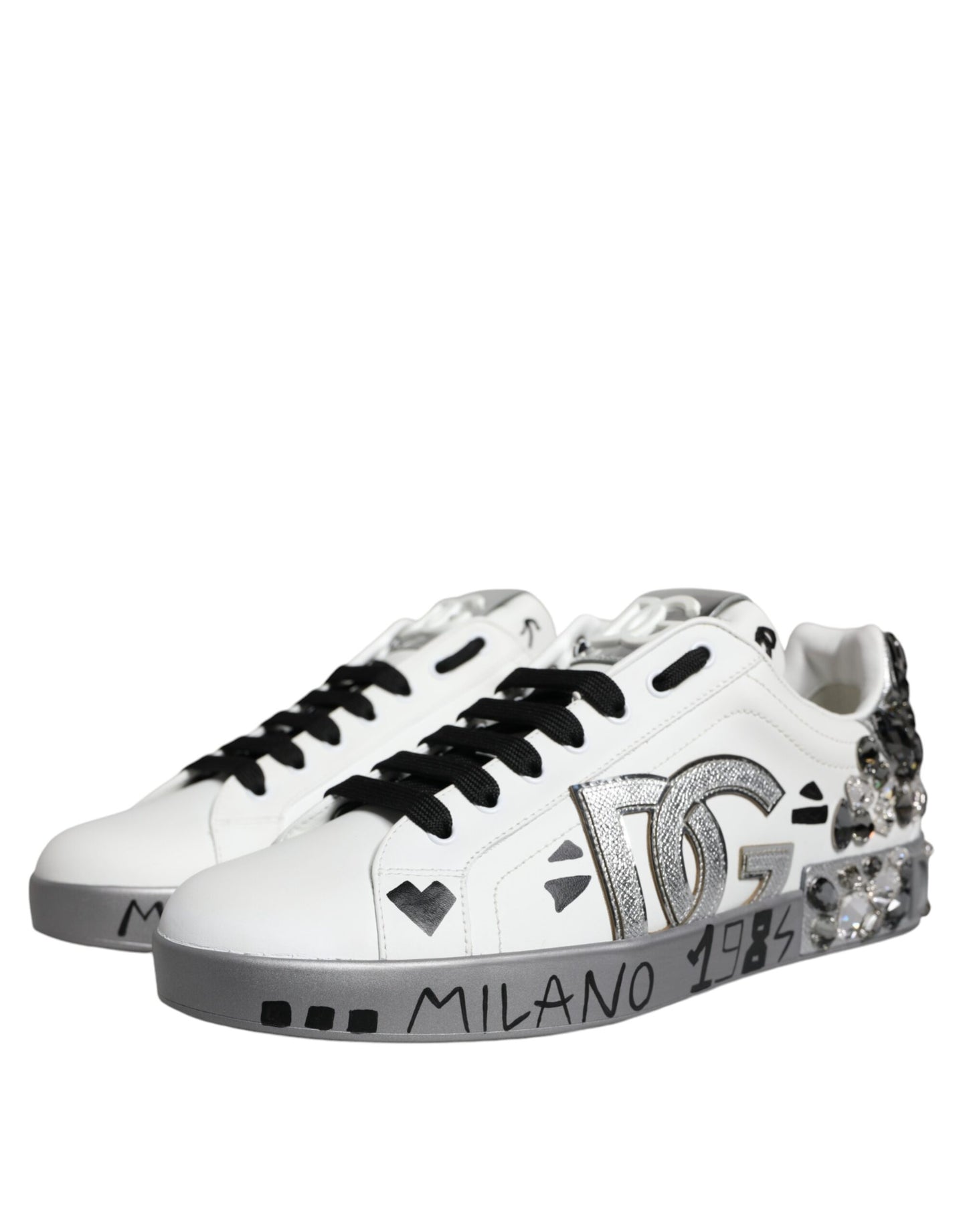 Dolce & Gabbana White Silver Crystal Logo Portofino Sneakers