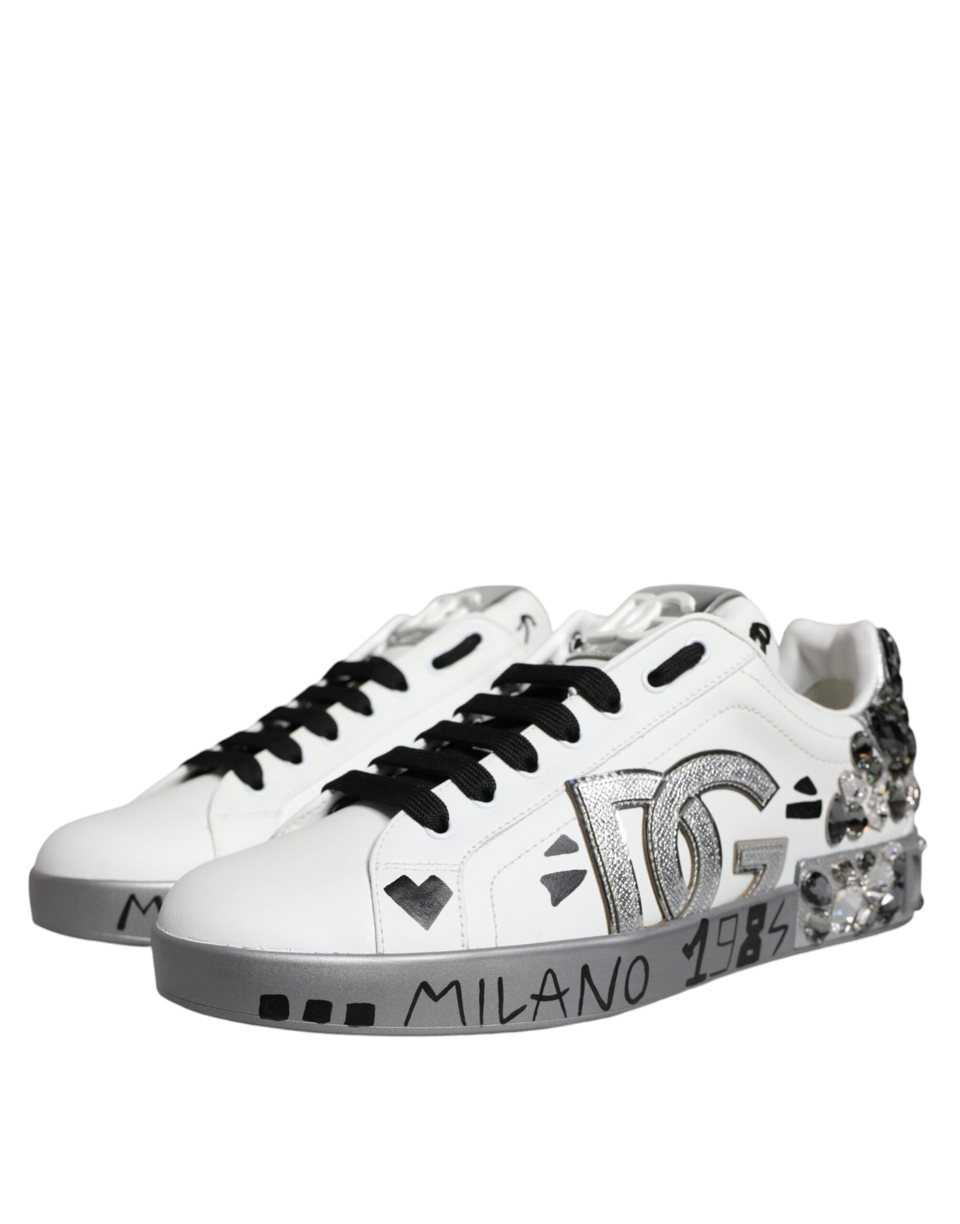 Dolce & Gabbana White Silver Crystal Logo Portofino Sneakers