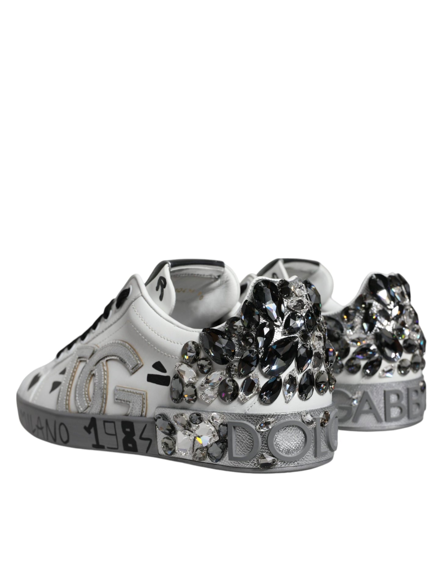 Dolce & Gabbana White Silver Crystal Logo Portofino Sneakers