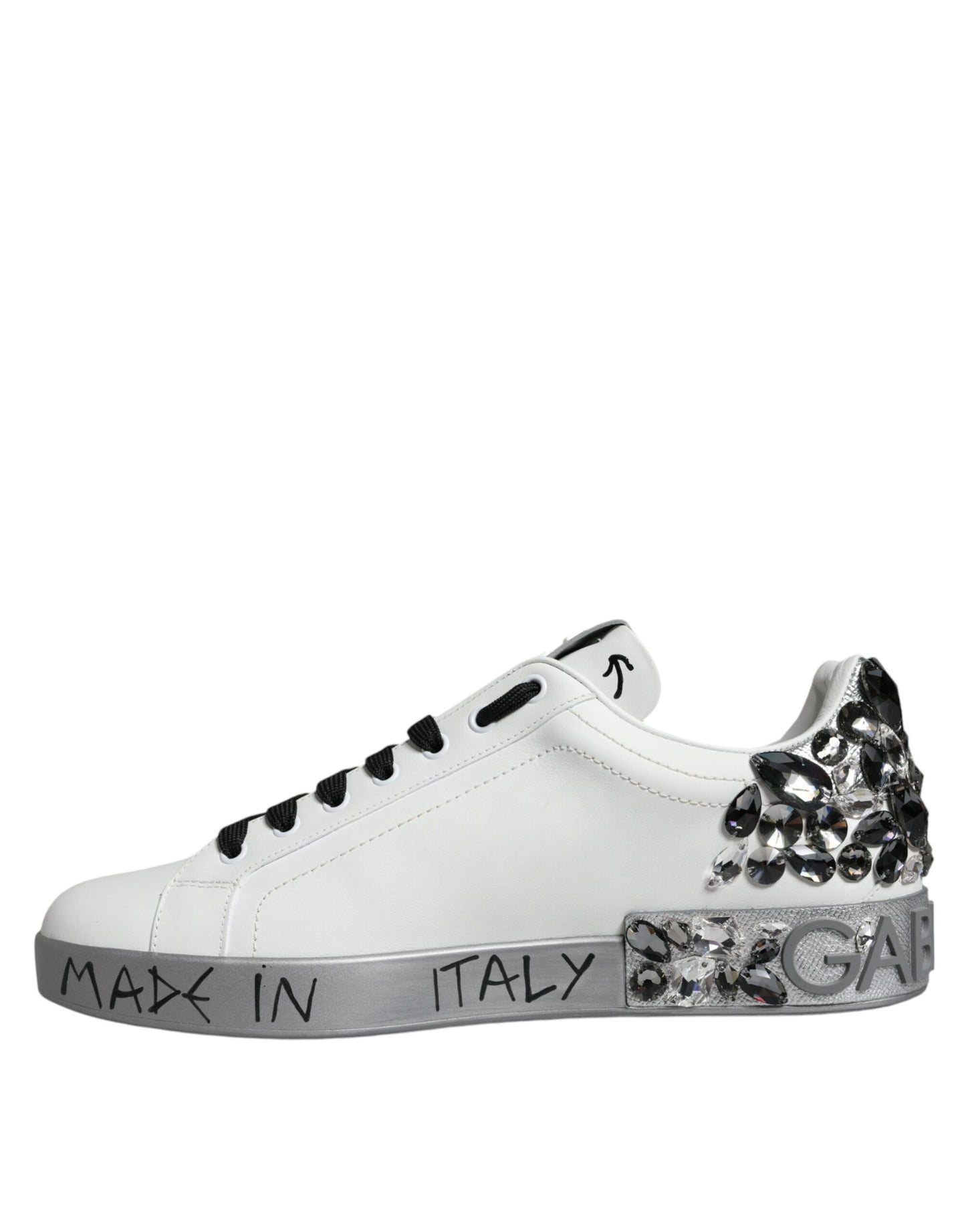 Dolce & Gabbana White Silver Crystal Logo Portofino Sneakers