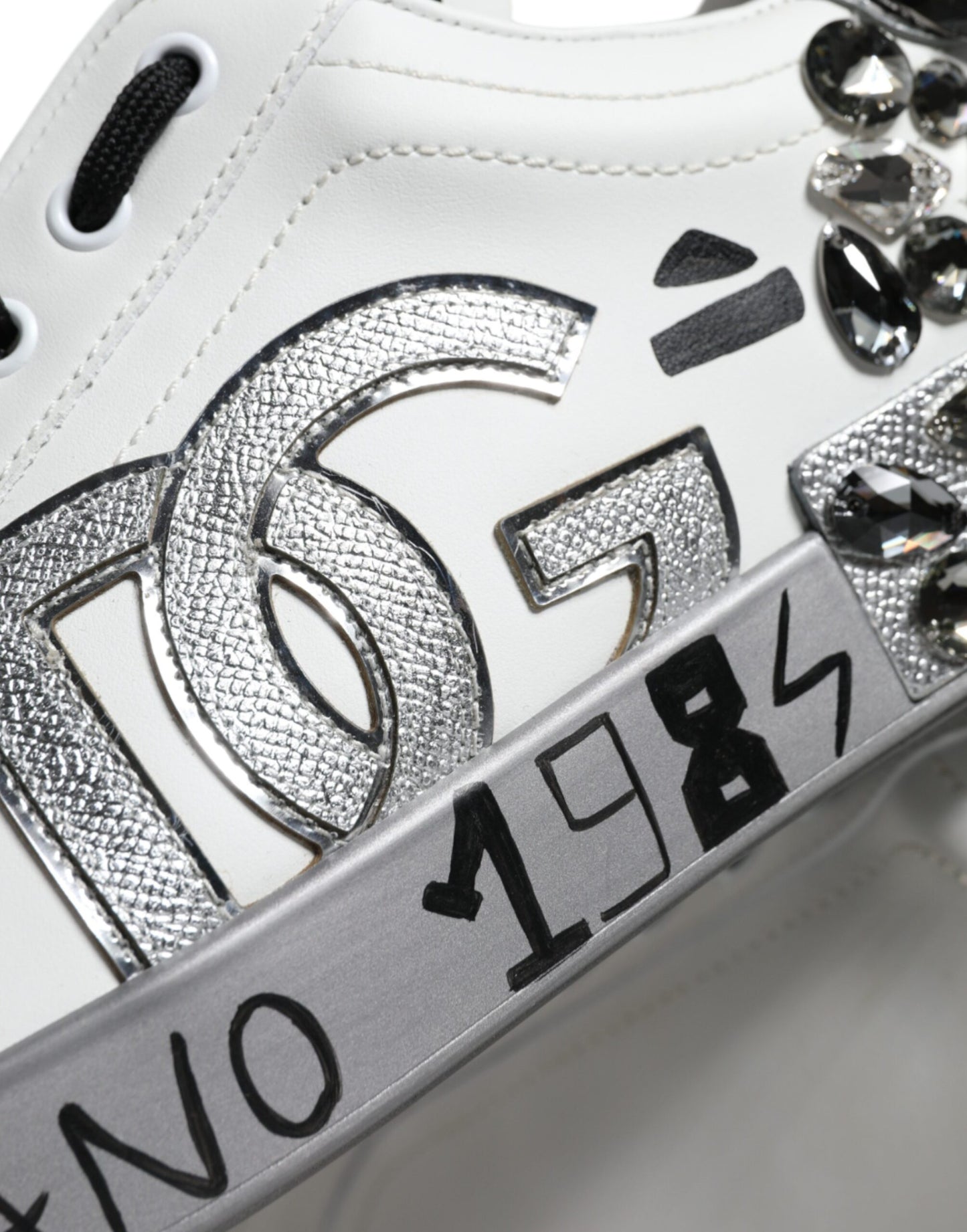 Dolce & Gabbana White Silver Crystal Logo Portofino Sneakers