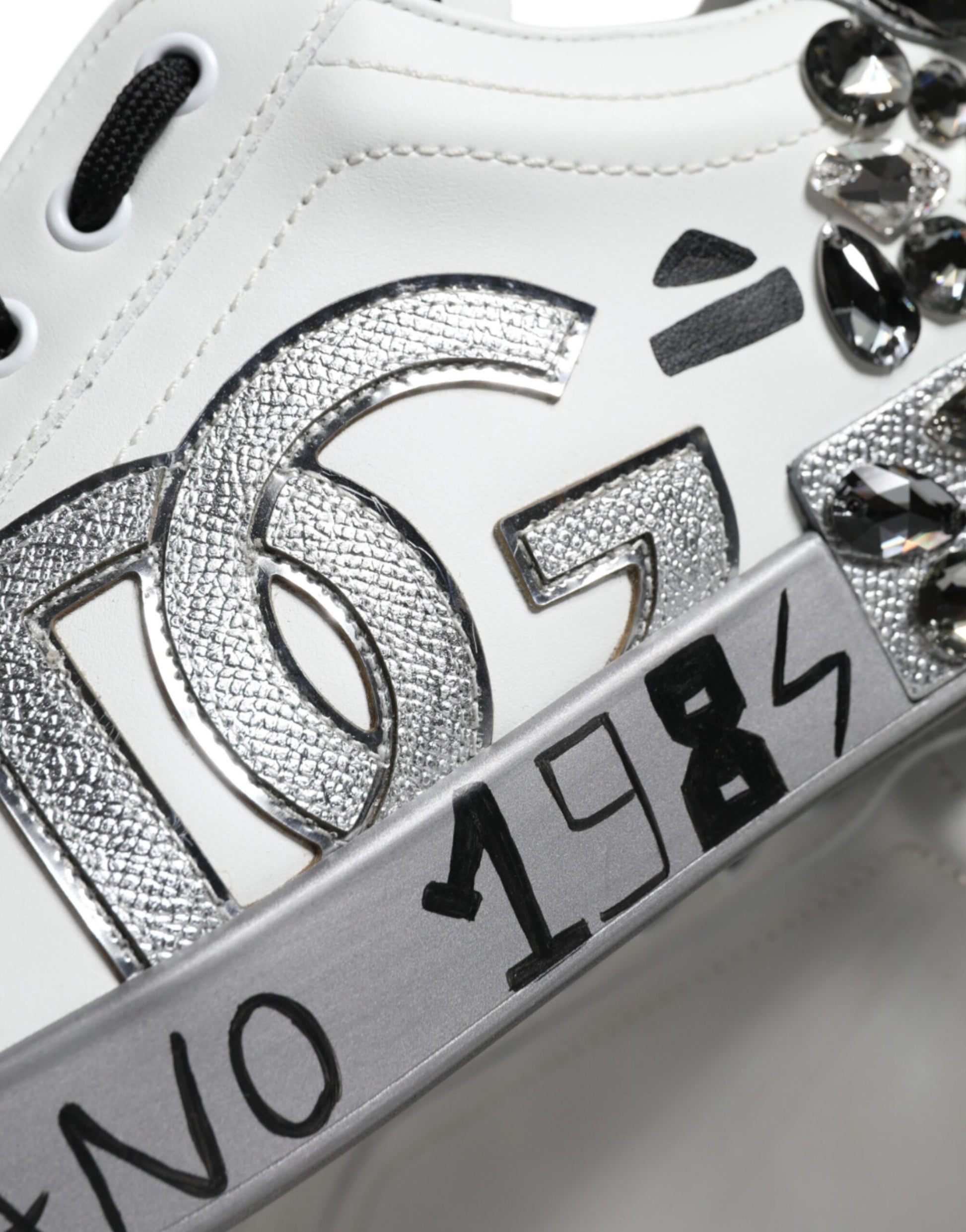 Dolce & Gabbana White Silver Crystal Logo Portofino Sneakers
