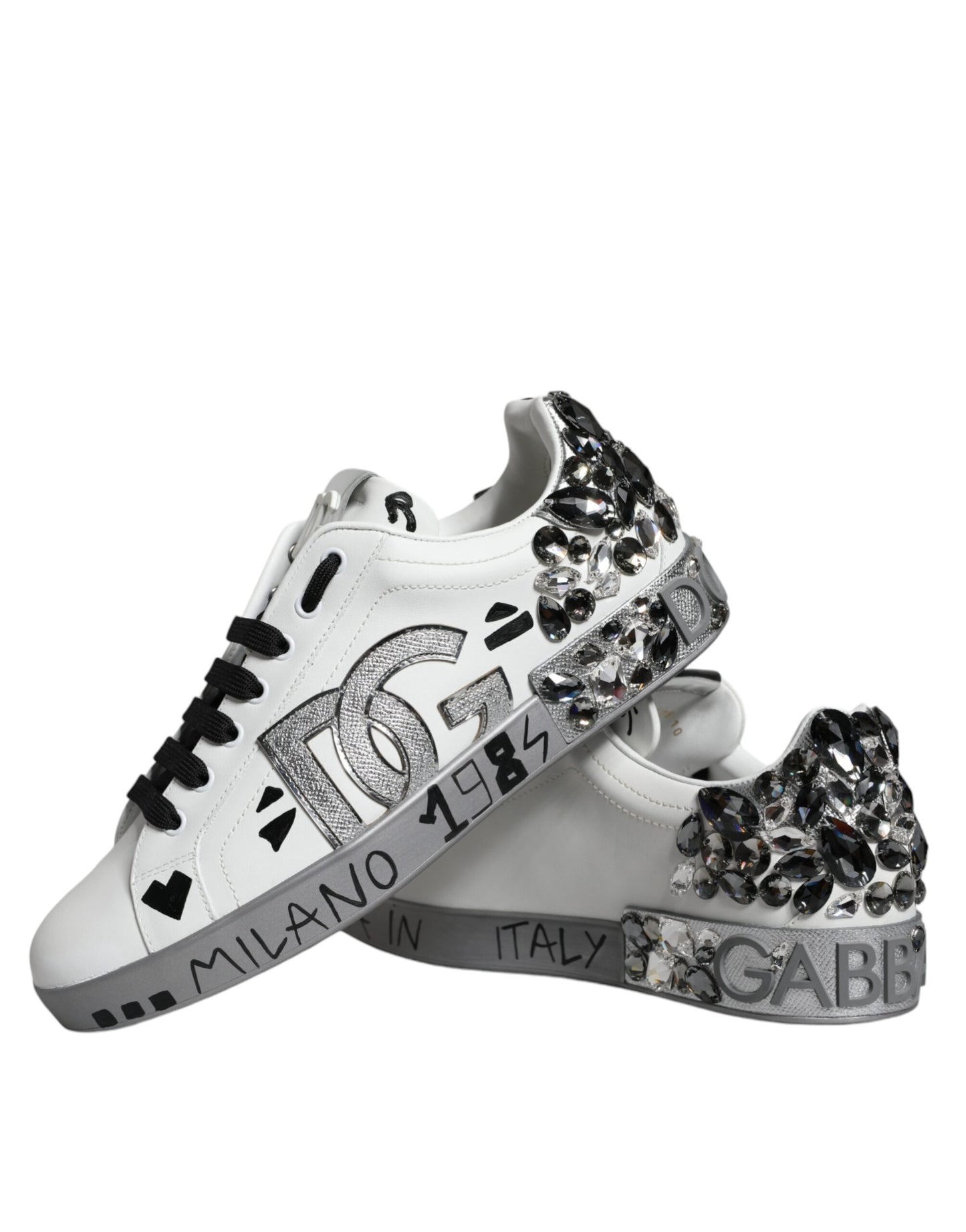 Dolce & Gabbana White Silver Crystal Logo Portofino Sneakers