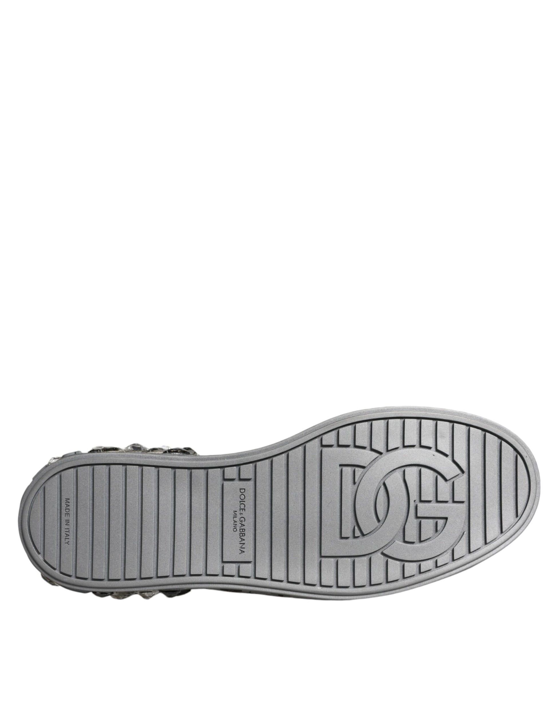 Dolce & Gabbana White Silver Crystal Logo Portofino Sneakers