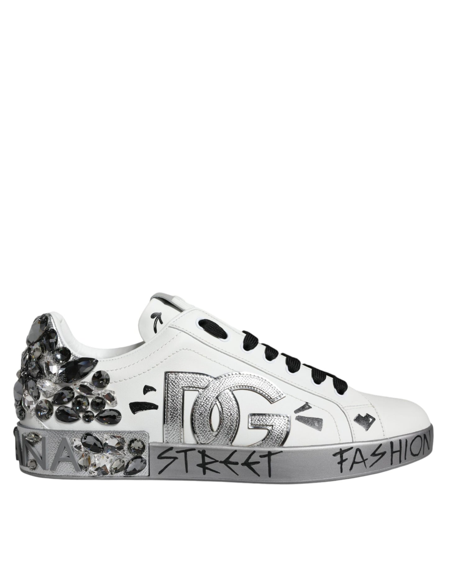 Dolce & Gabbana White Silver Crystal Logo Portofino Sneakers