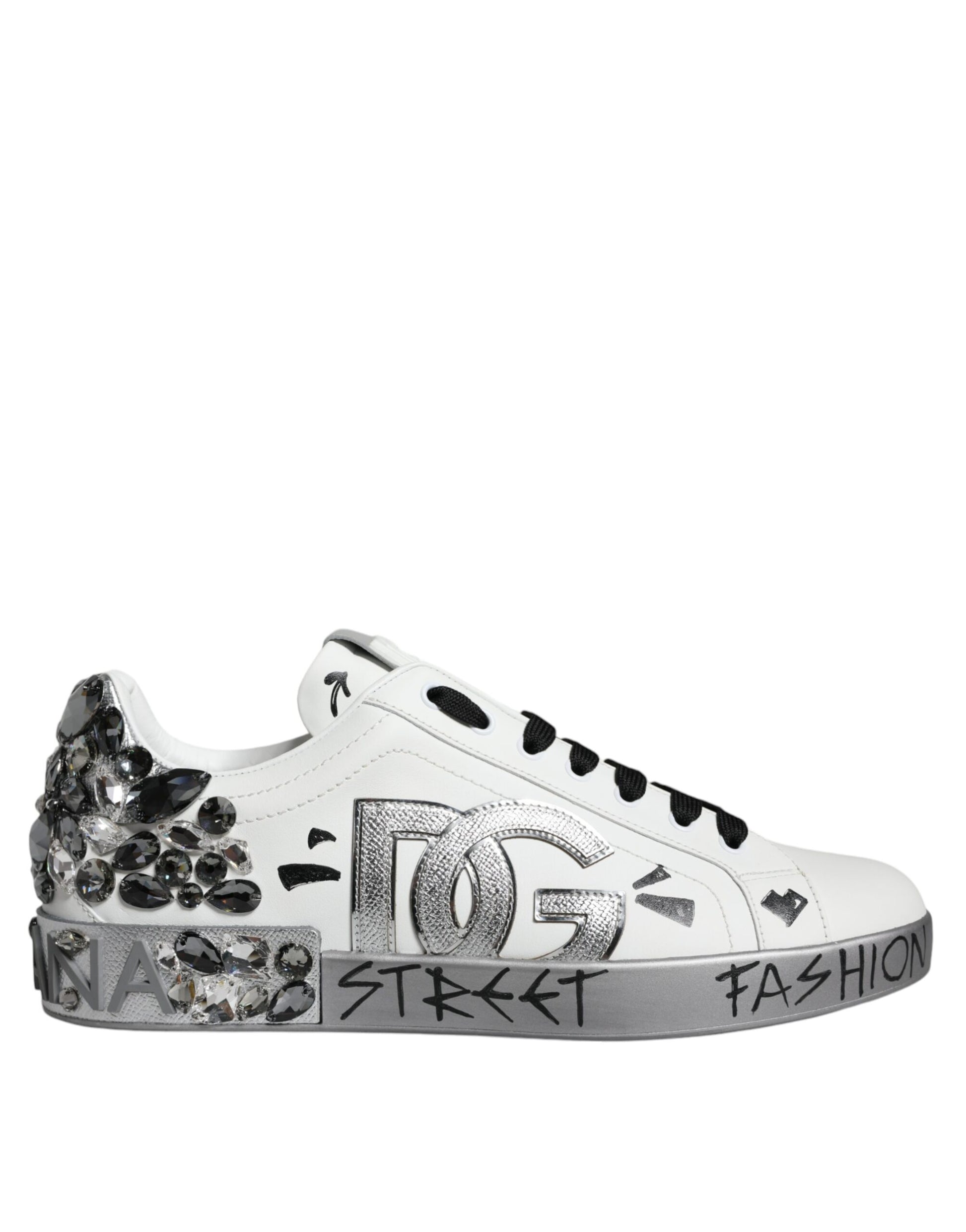 Dolce & Gabbana White Silver Crystal Logo Portofino Sneakers