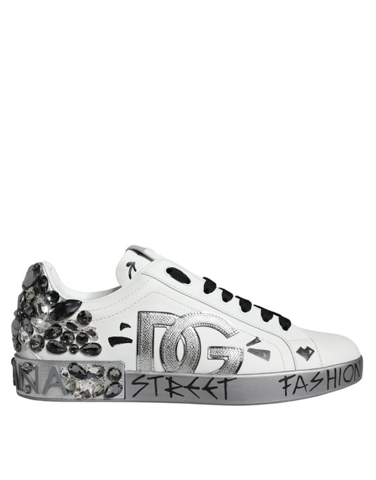 Dolce & Gabbana White Silver Crystal Logo Portofino Sneakers