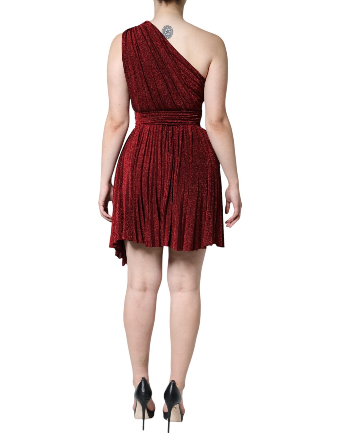 - Red One Shoulder Pleated A-line Mini Dress