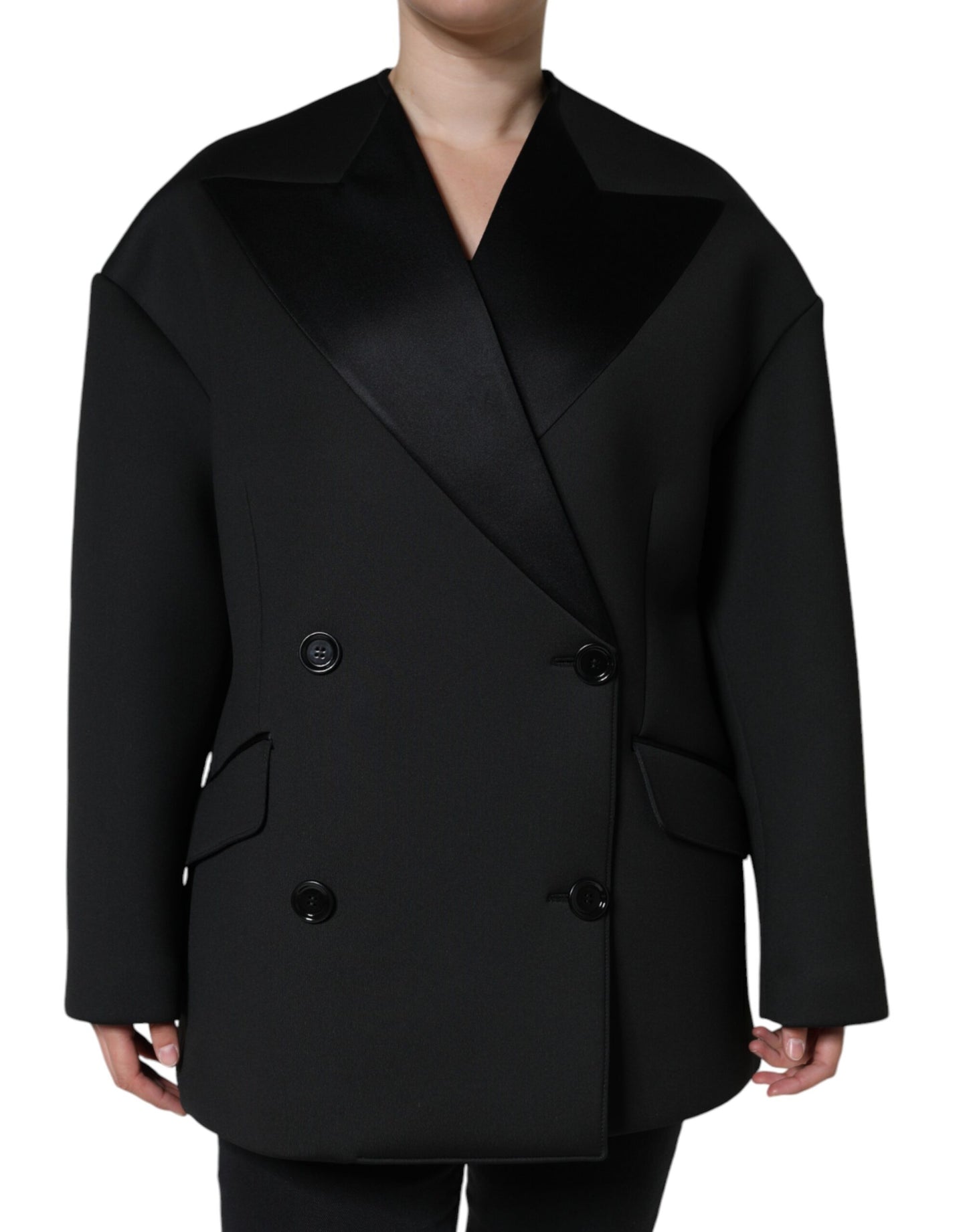 - Black Polyester Double Breasted Coat Jacket