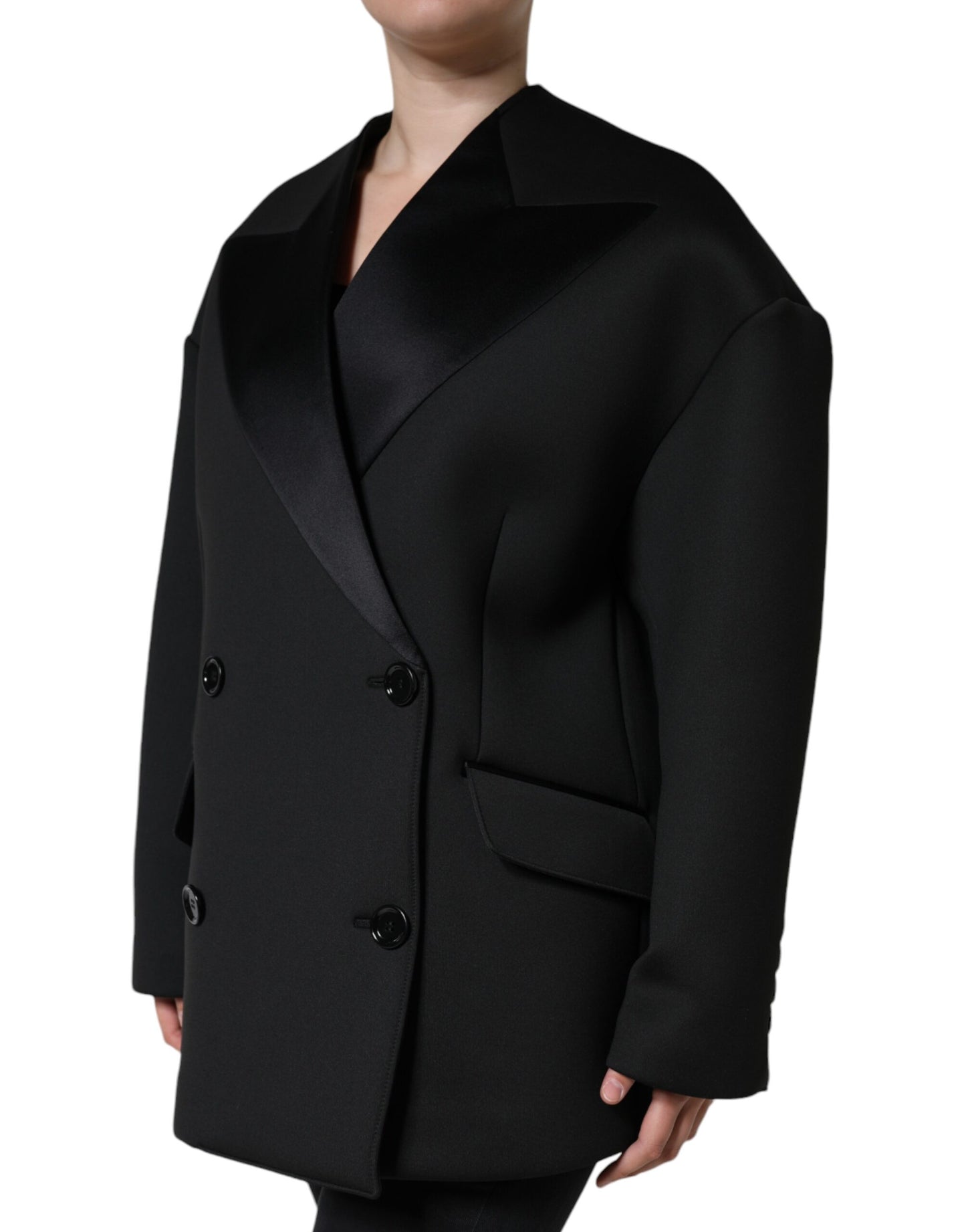 - Black Polyester Double Breasted Coat Jacket