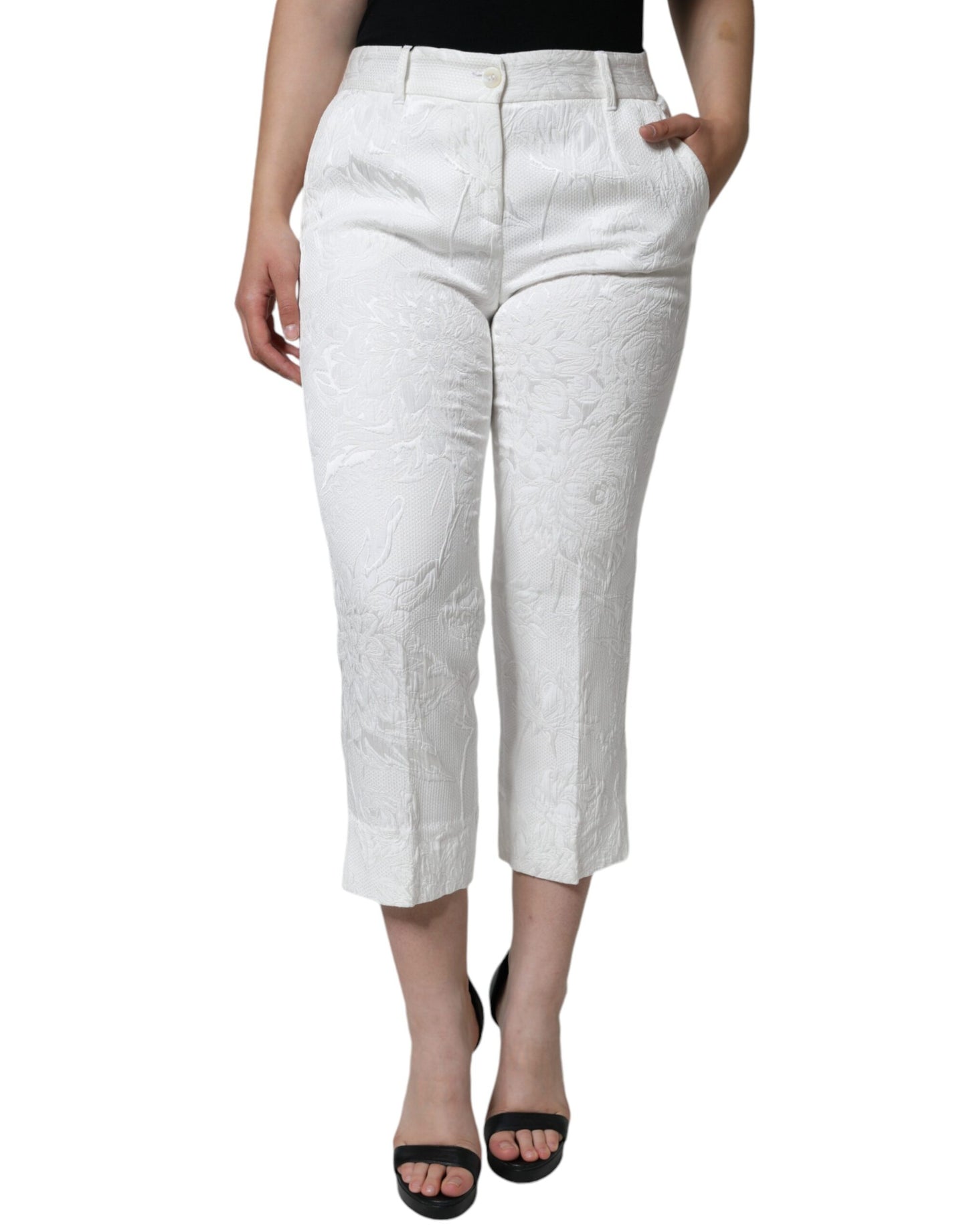 - White Floral Brocade Cotton Cropped Pants