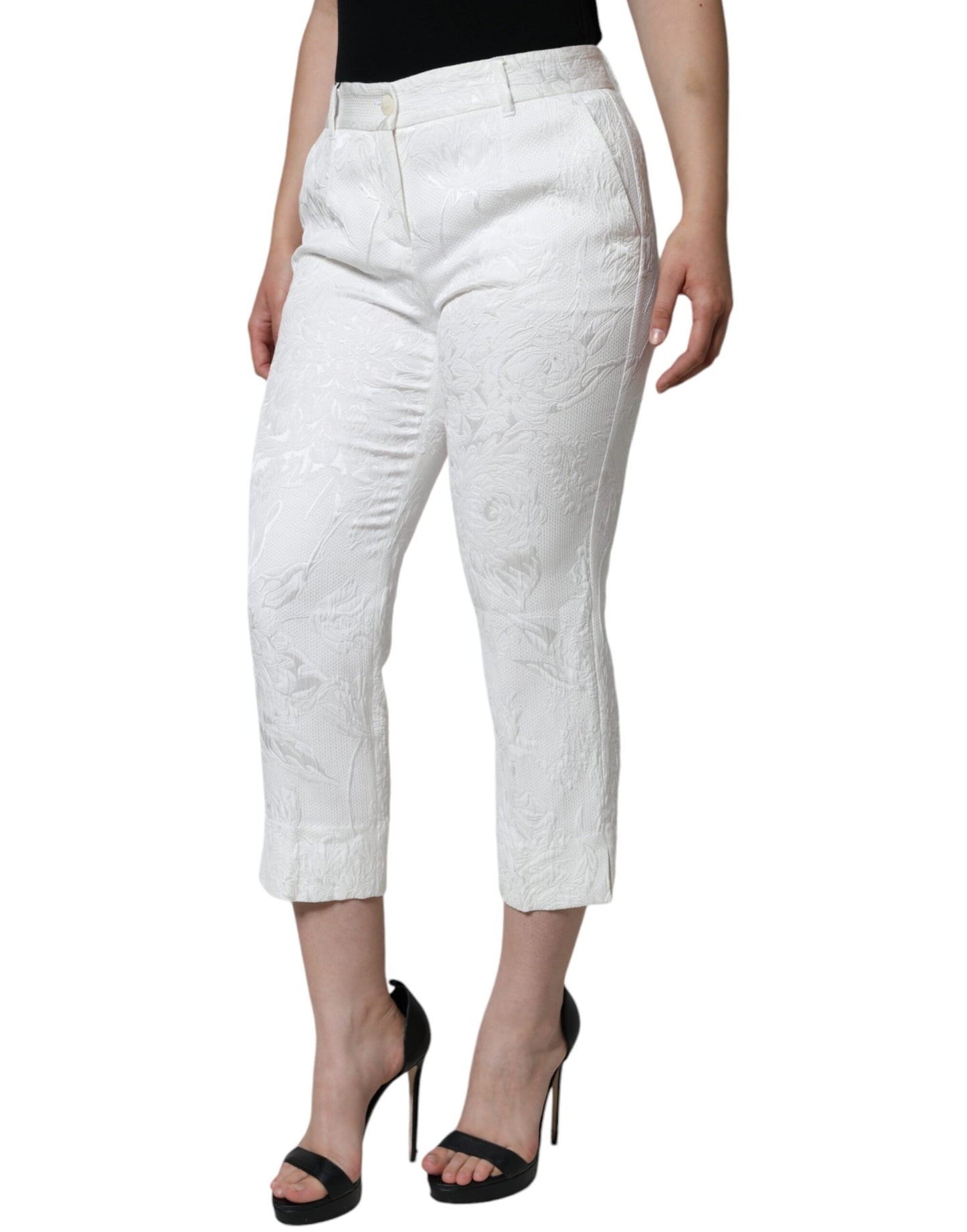 - White Floral Brocade Cotton Cropped Pants