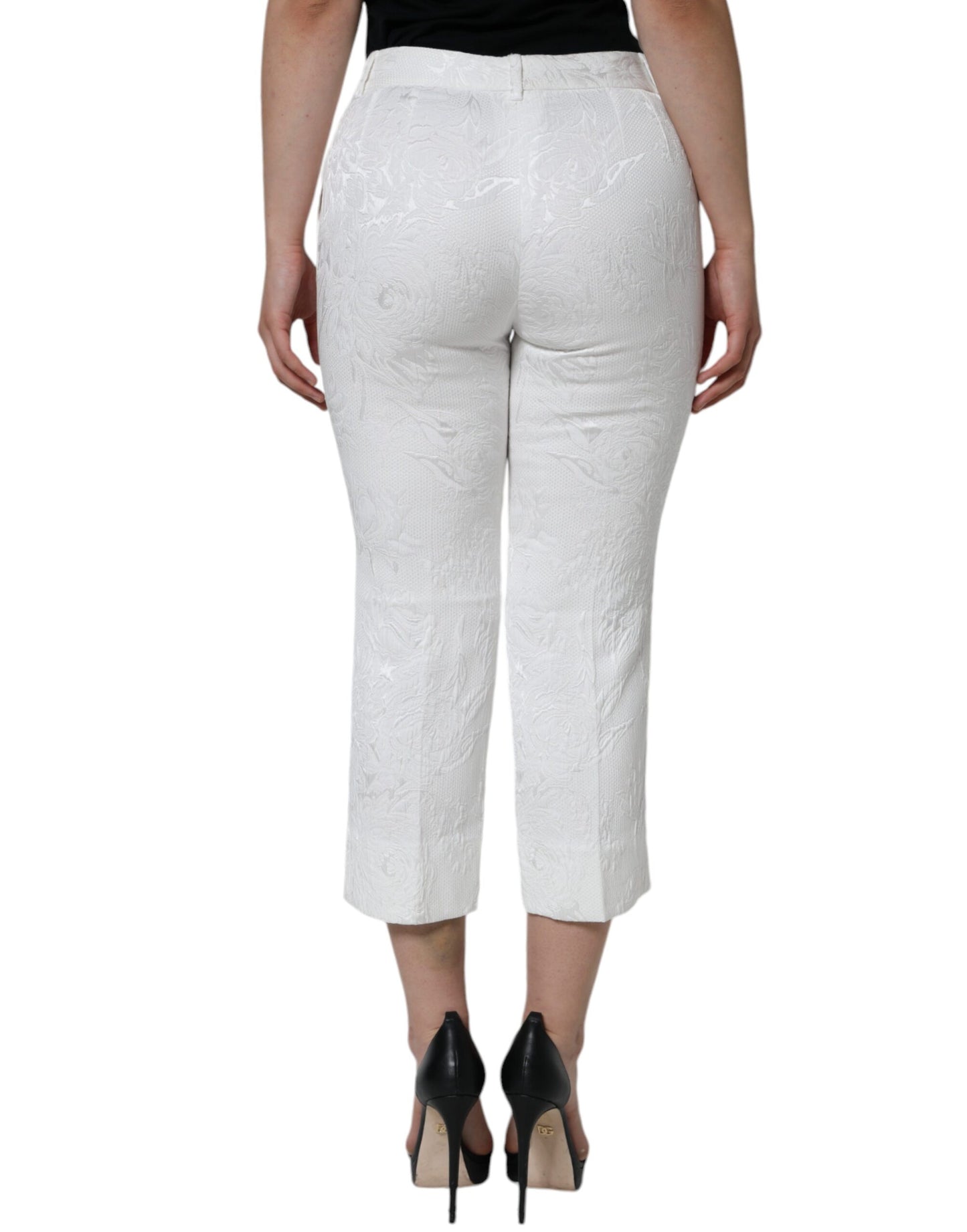 - White Floral Brocade Cotton Cropped Pants