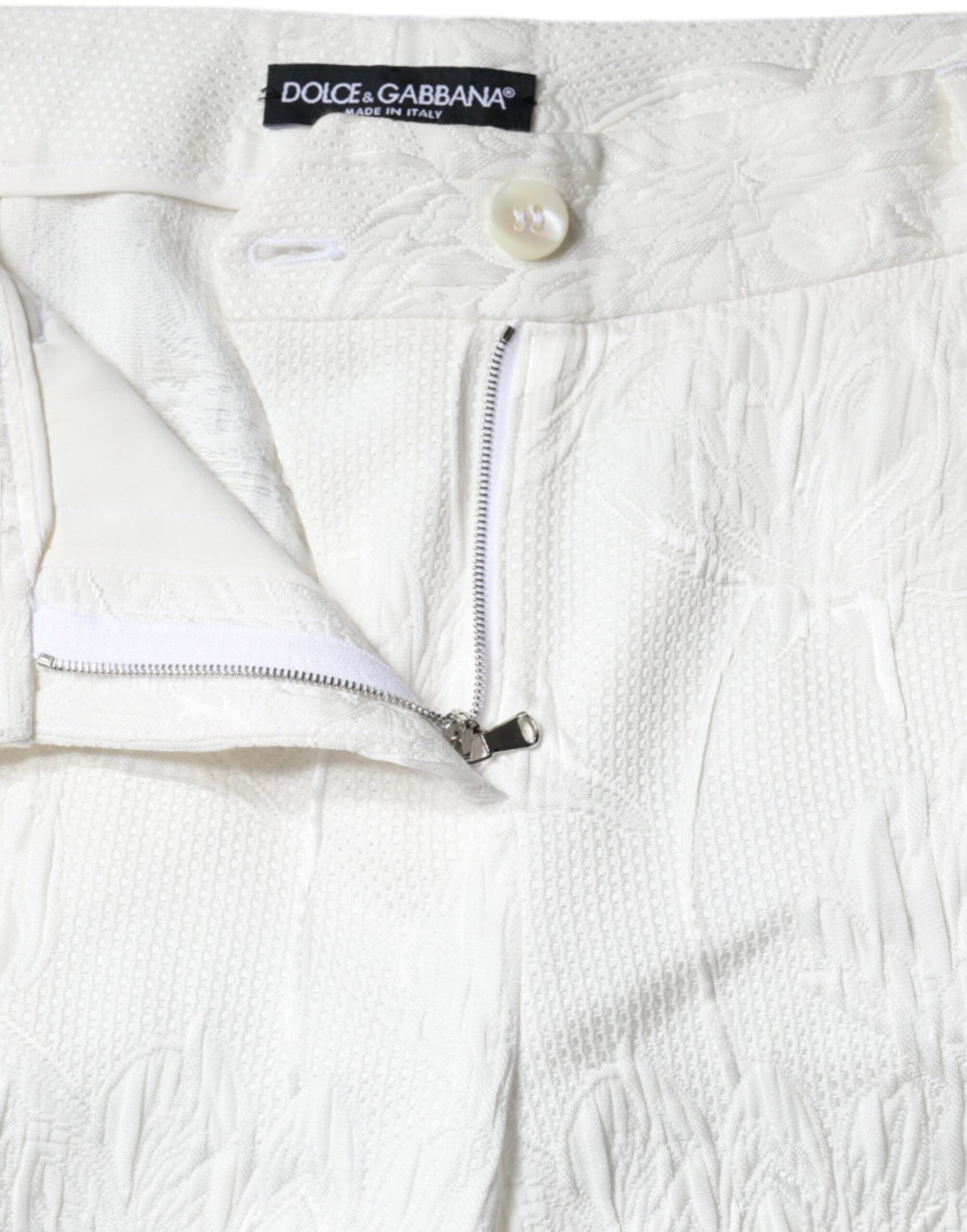 - White Floral Brocade Cotton Cropped Pants