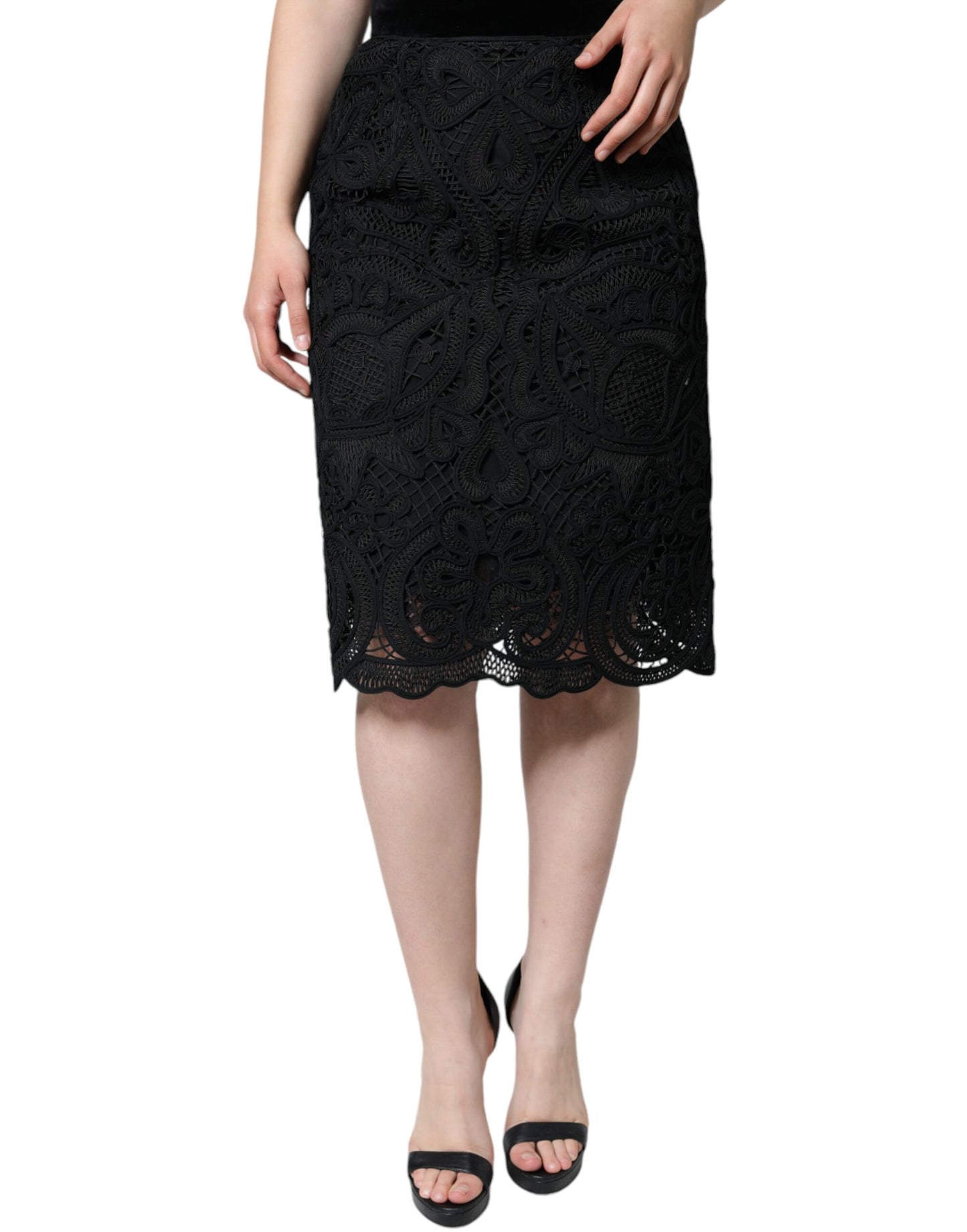 - Black Floral Lace High Waist Pencil Cut Skirt