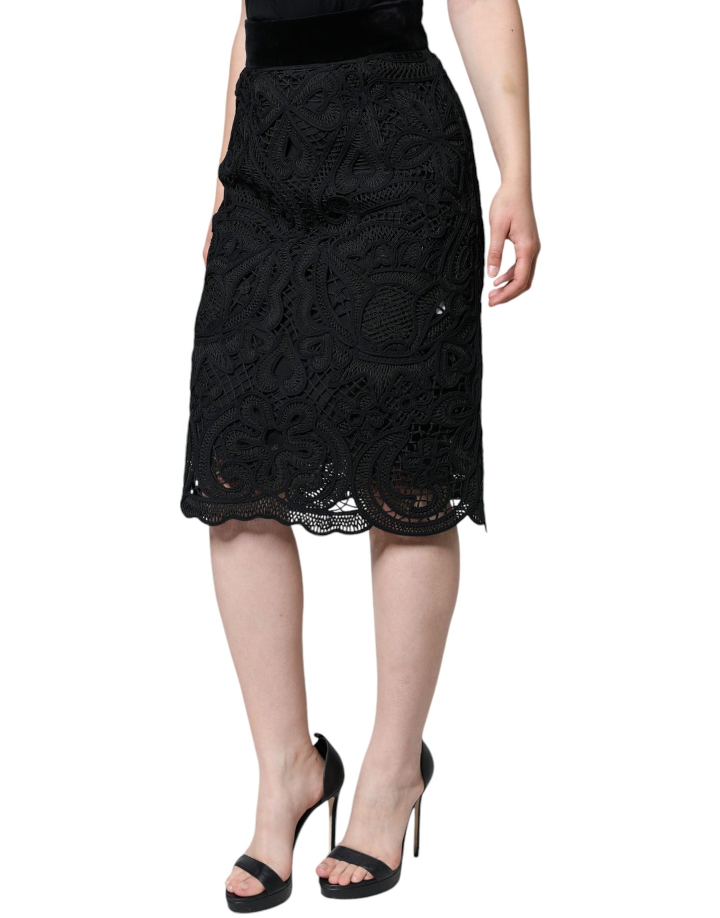 - Black Floral Lace High Waist Pencil Cut Skirt