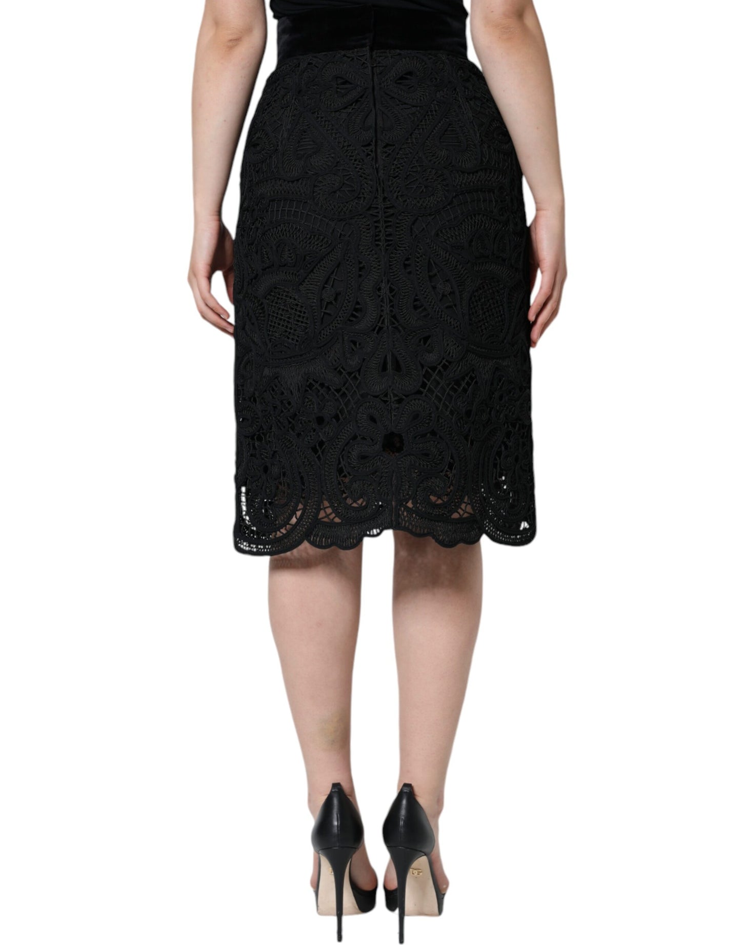 - Black Floral Lace High Waist Pencil Cut Skirt