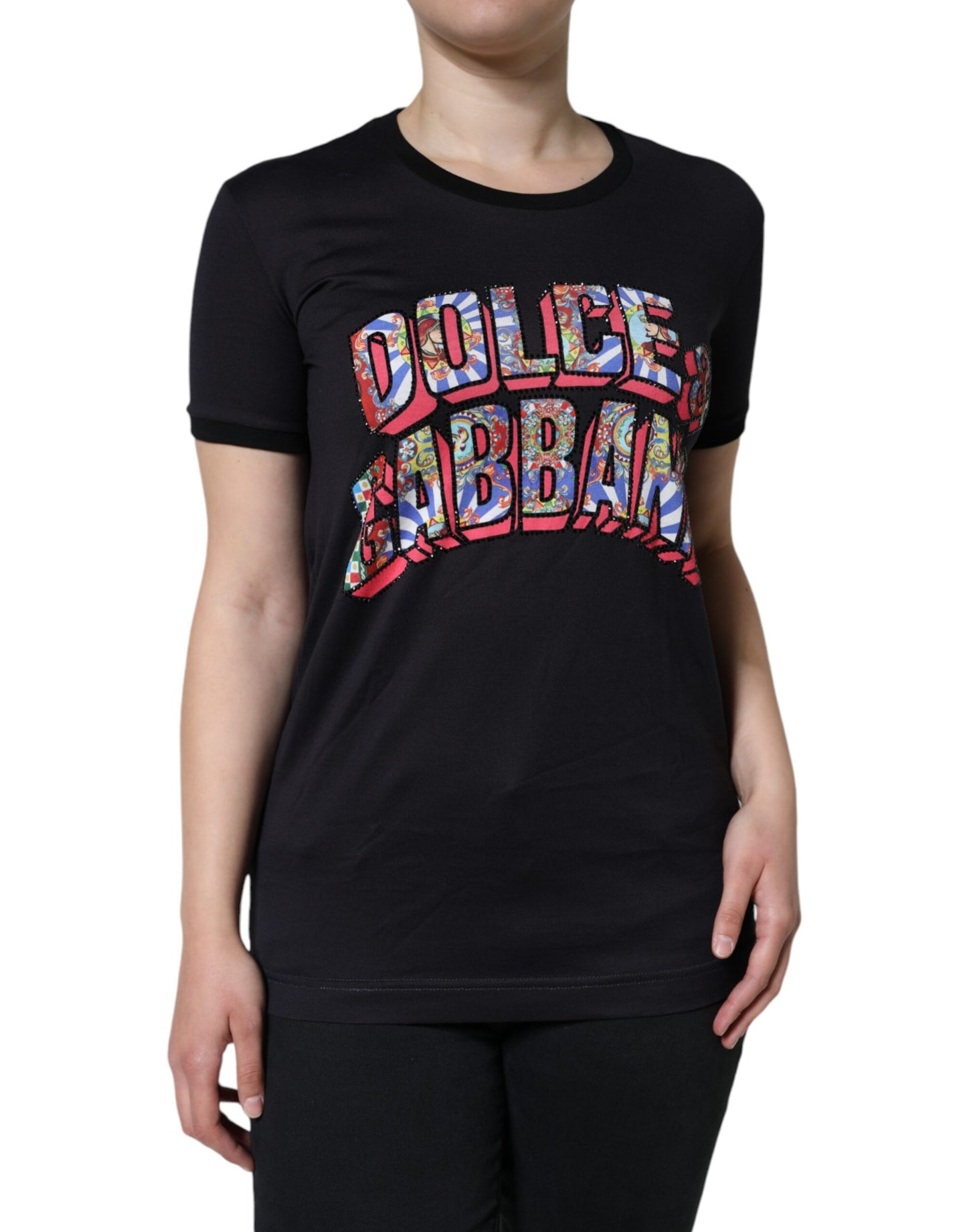 - Black Cotton Logo Print Round Neck T-shirt