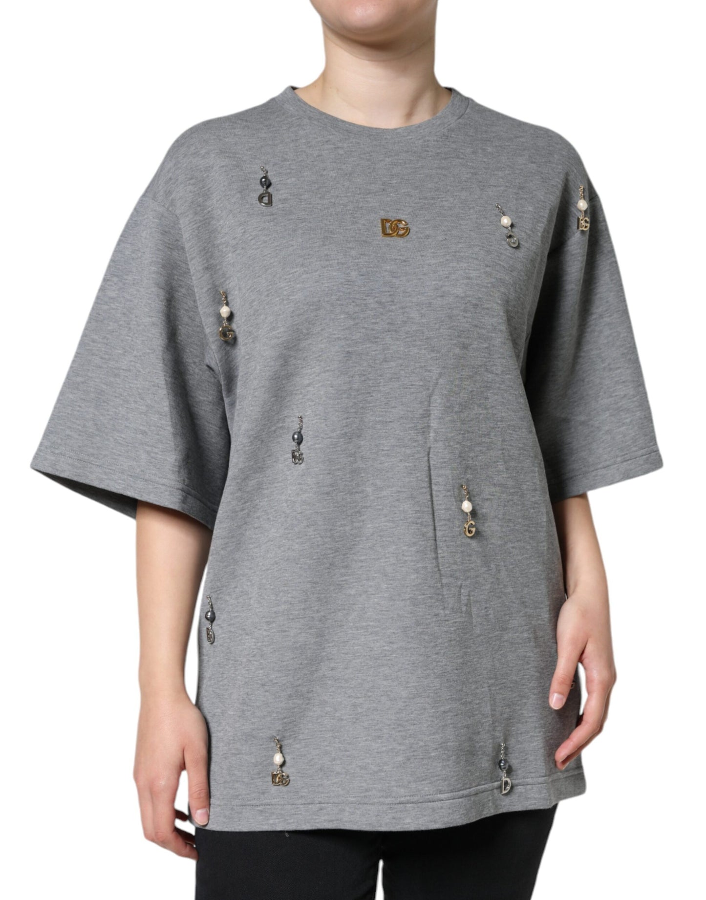 - Gray Cotton Blend Embellished Tee T-shirt
