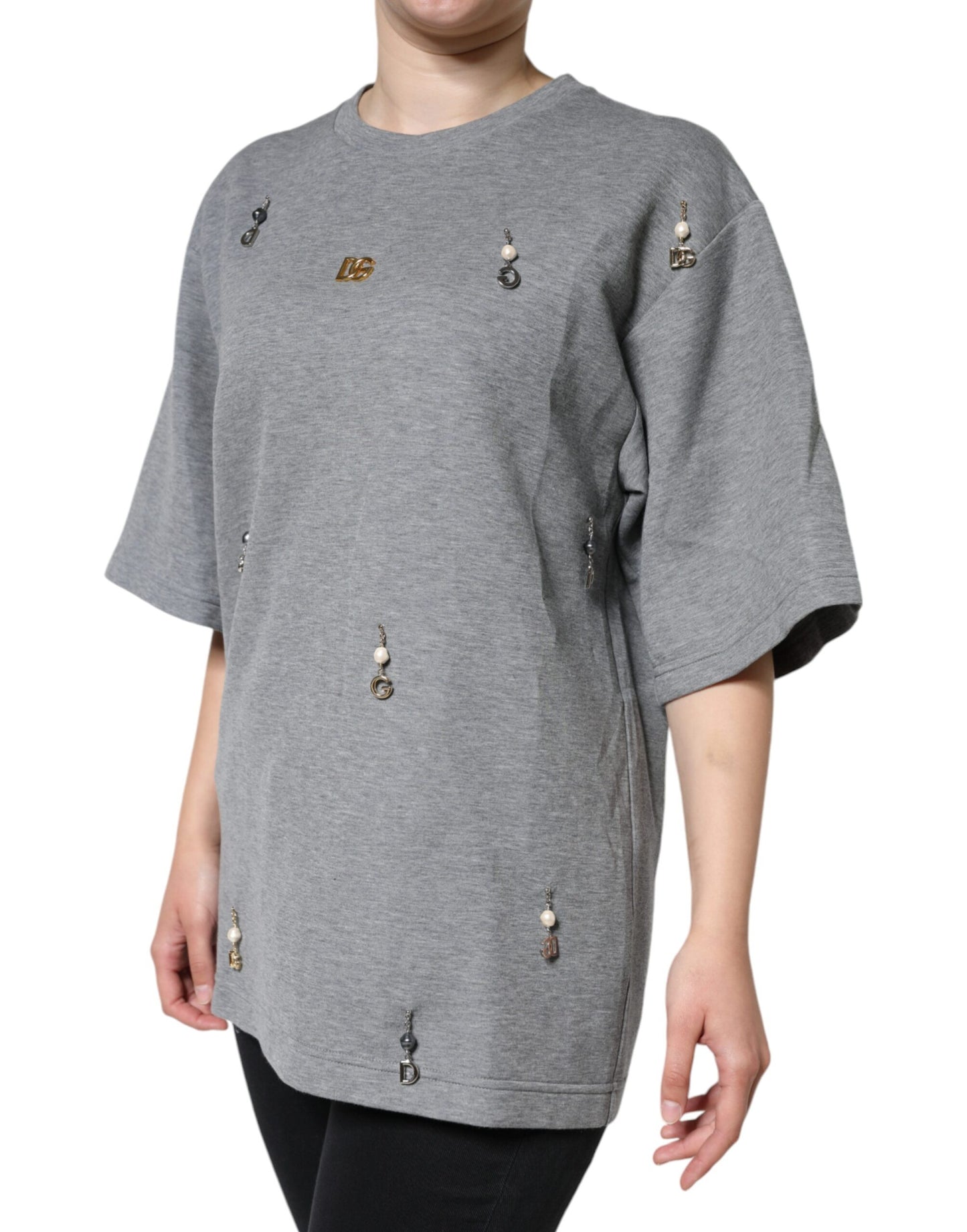 - Gray Cotton Blend Embellished Tee T-shirt