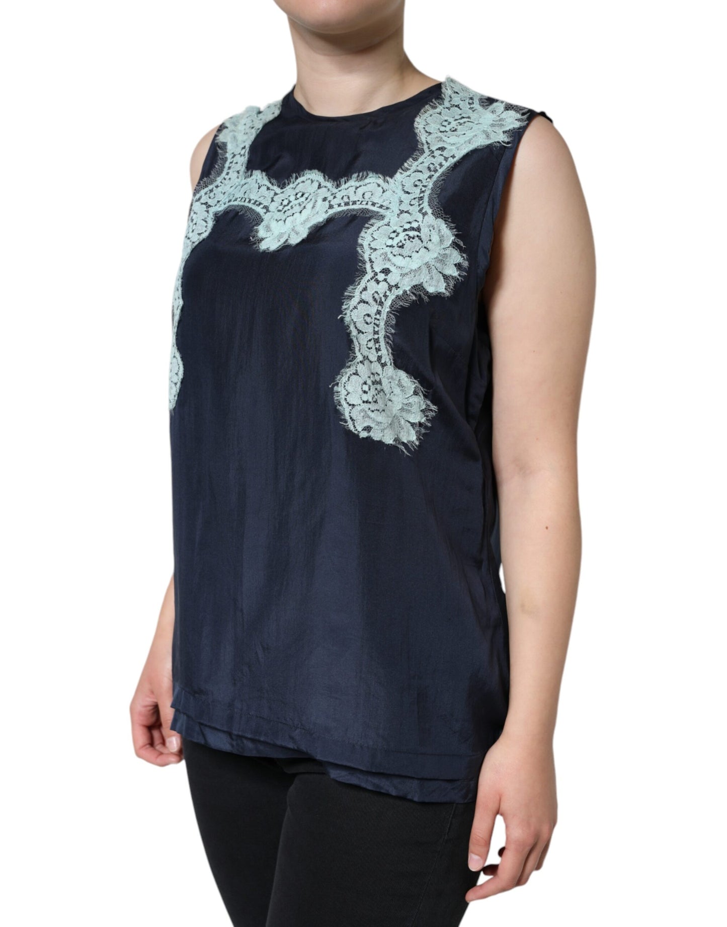 - Blue Floral Lace Silk Sleeveless Tank Top