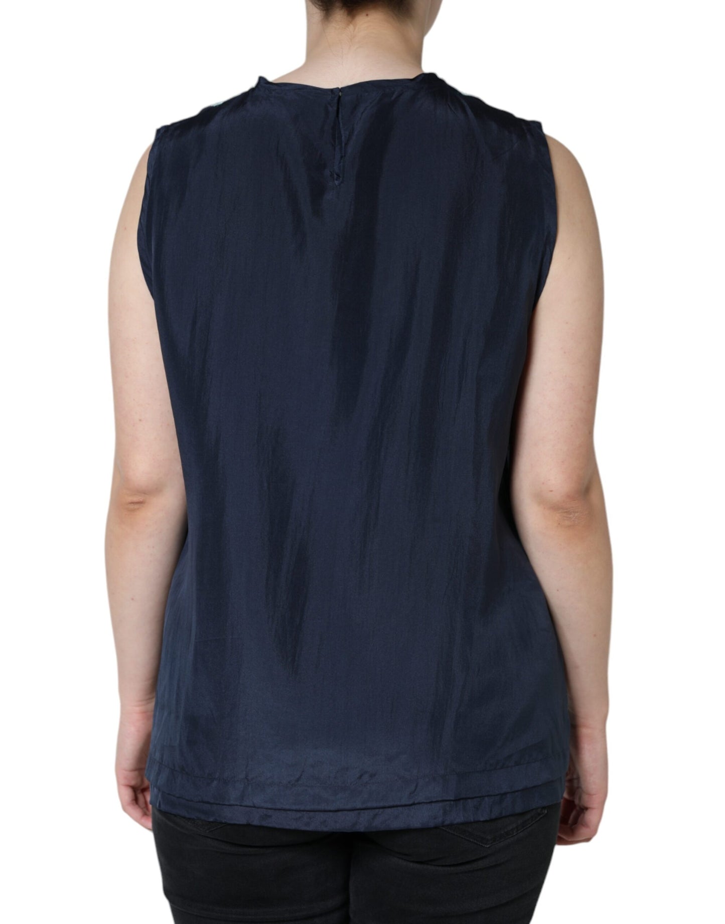 - Blue Floral Lace Silk Sleeveless Tank Top