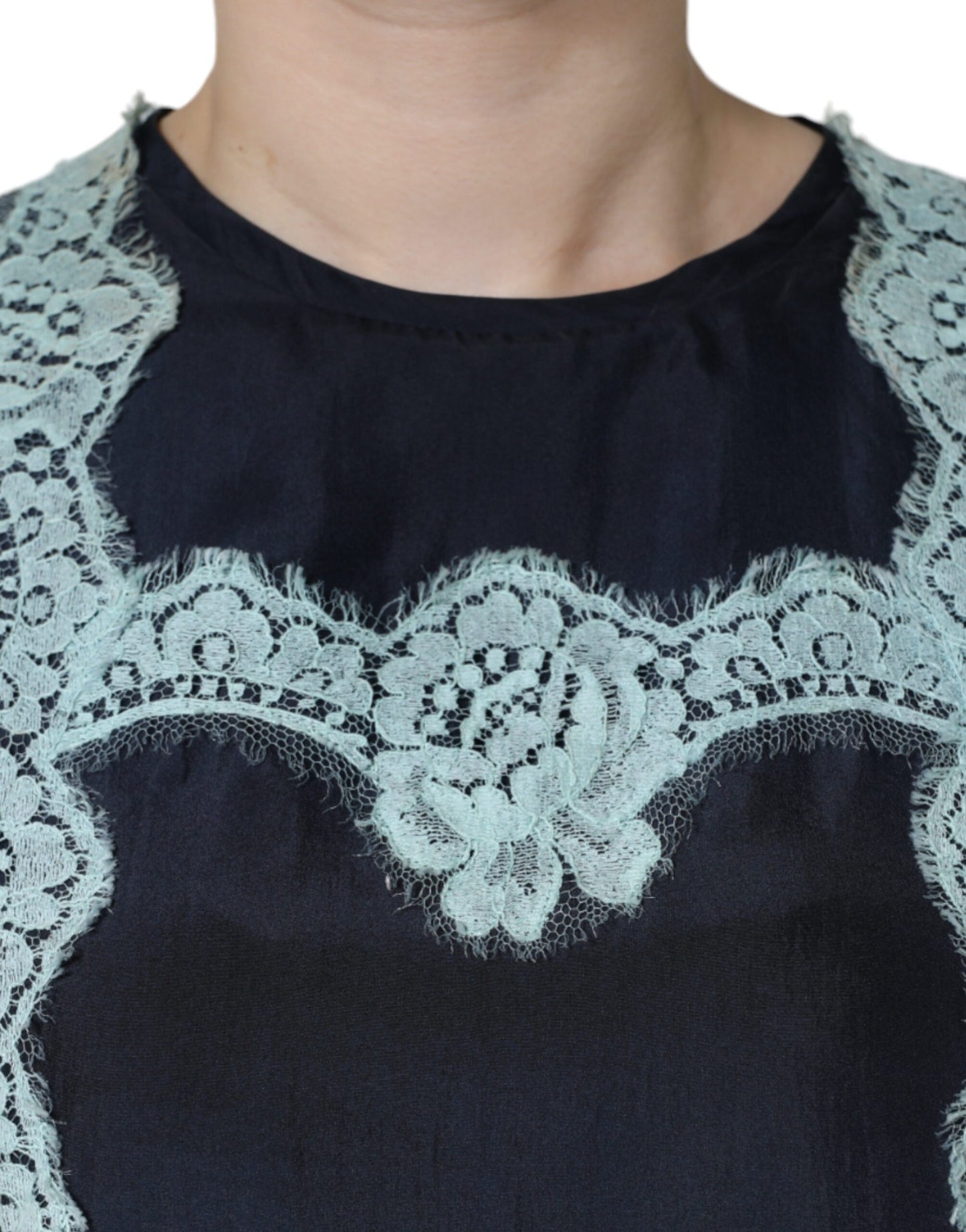 - Blue Floral Lace Silk Sleeveless Tank Top