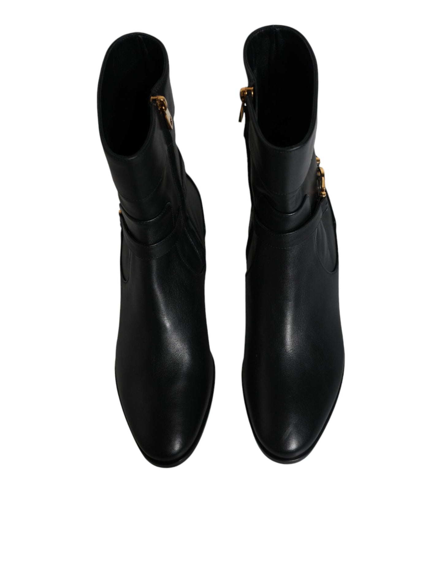 - Black Leather Logo Mid Calf Boots Shoes