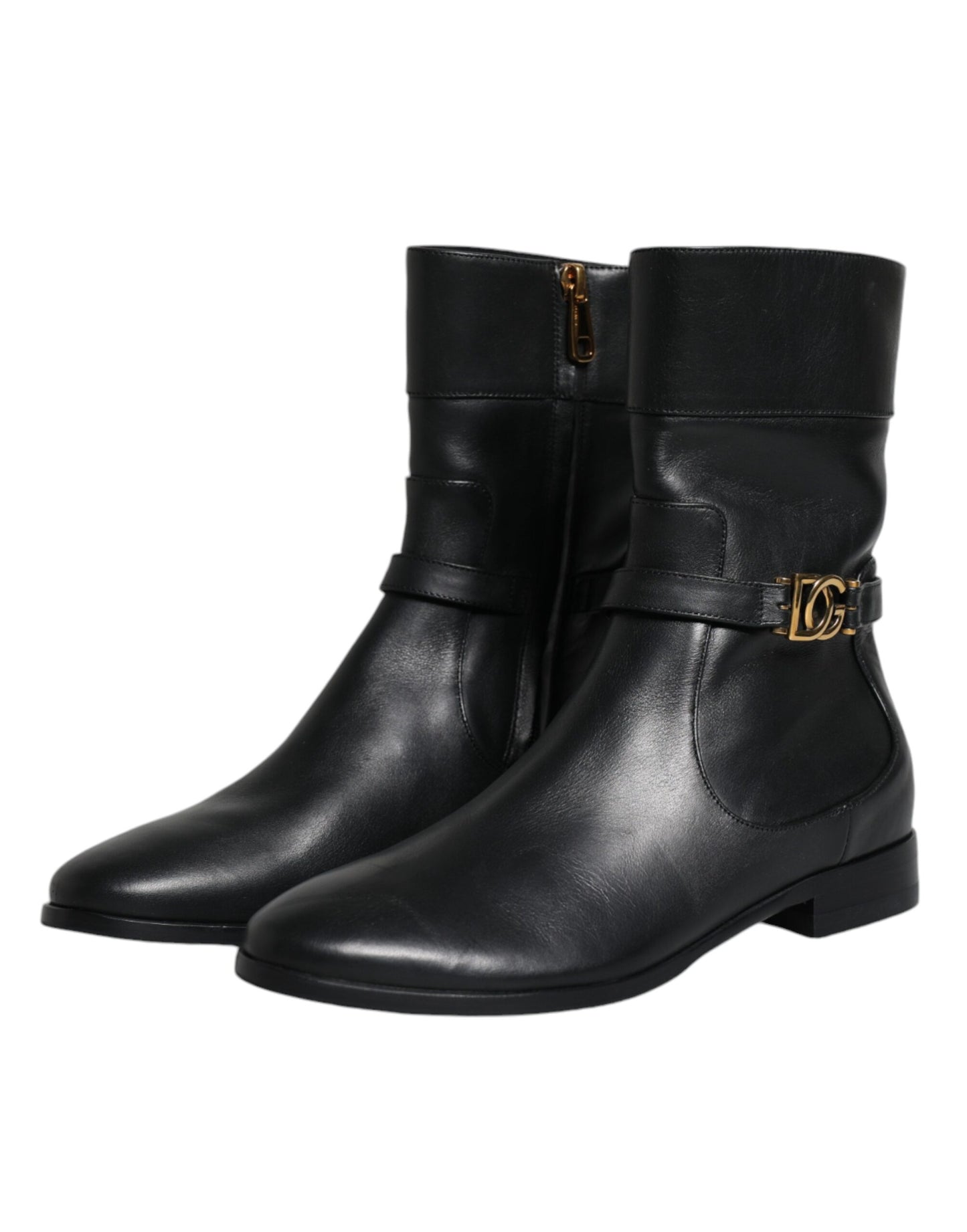 - Black Leather Logo Mid Calf Boots Shoes
