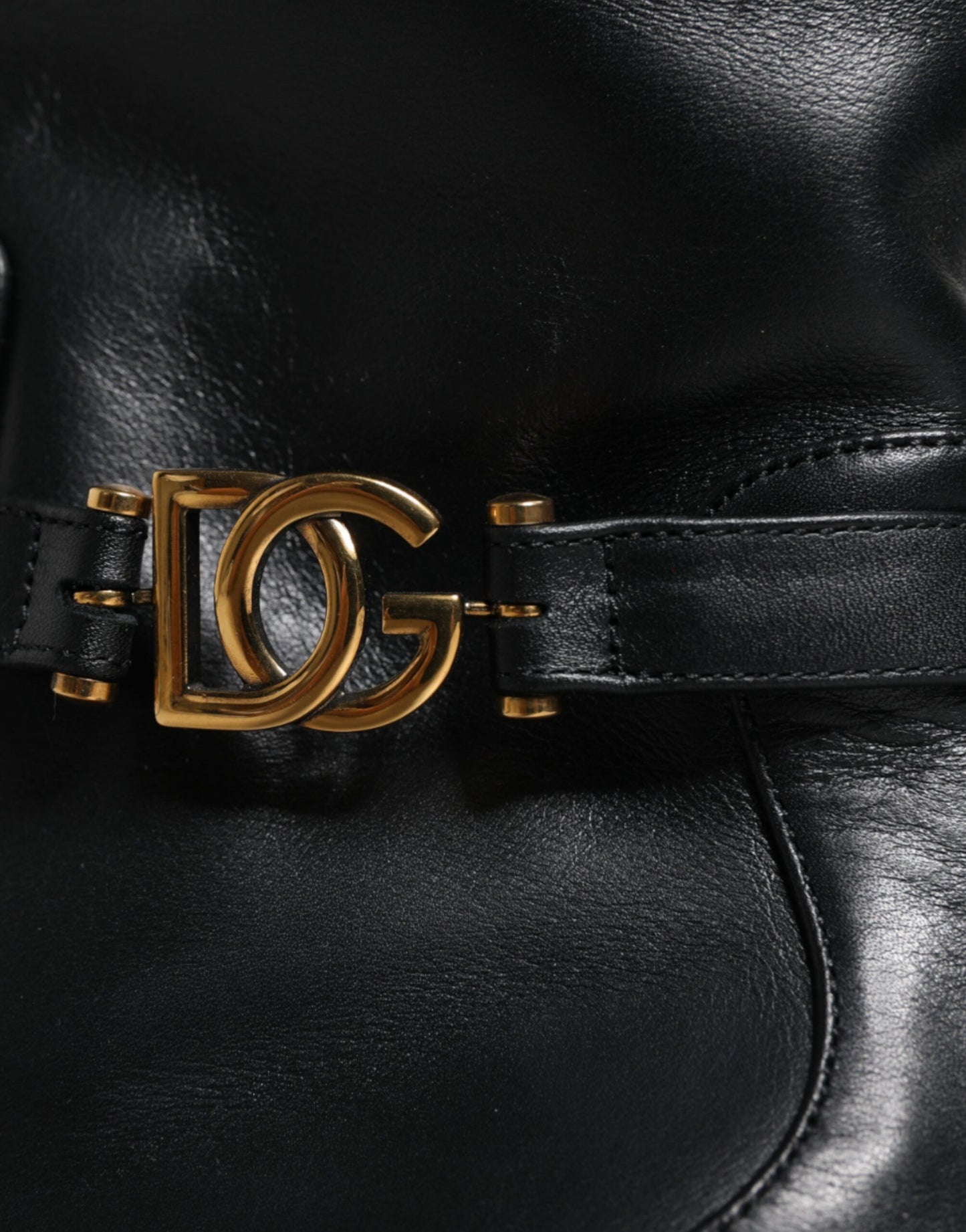 - Black Leather Logo Mid Calf Boots Shoes