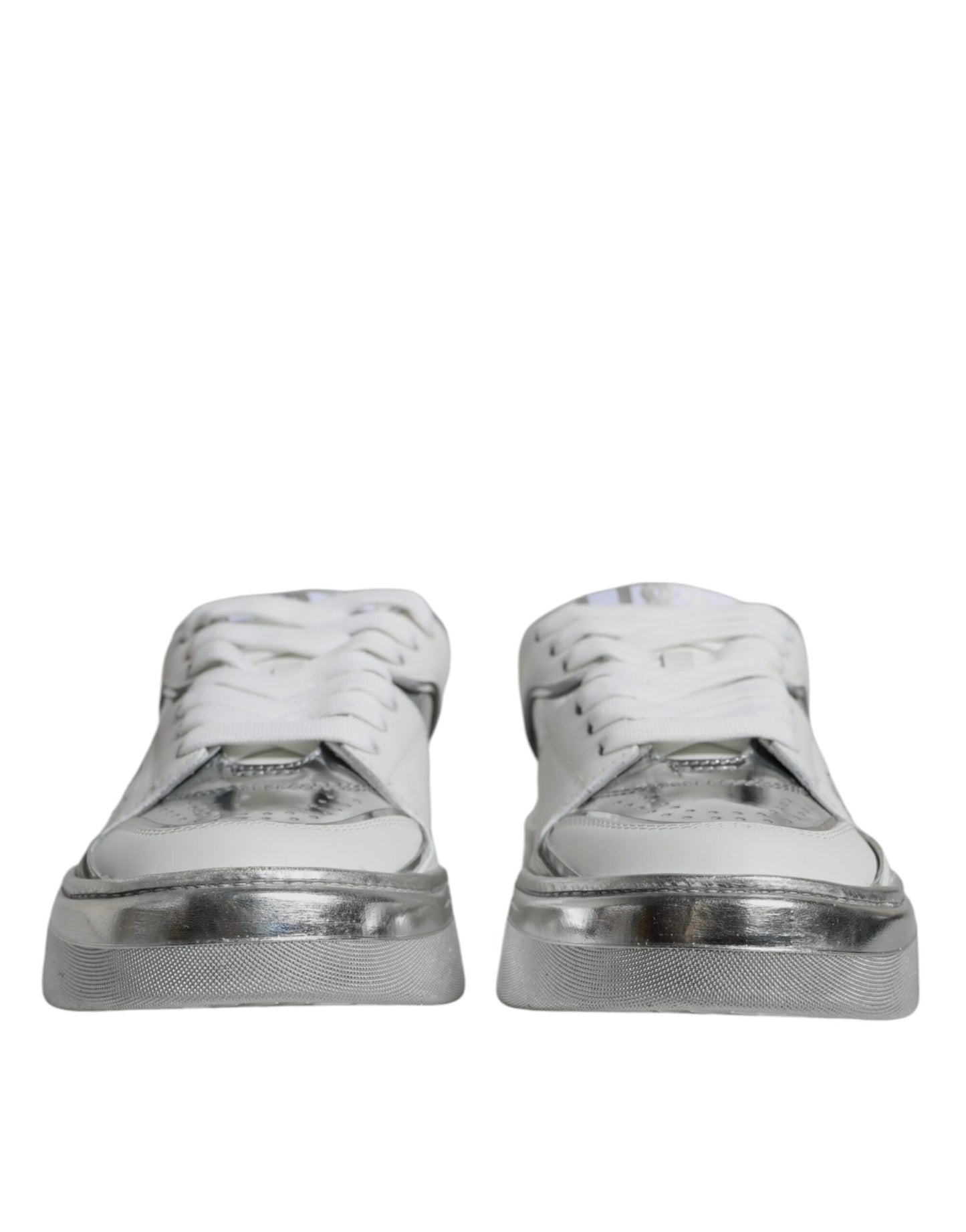 - White Silver Leather Low Top Sneakers Shoes