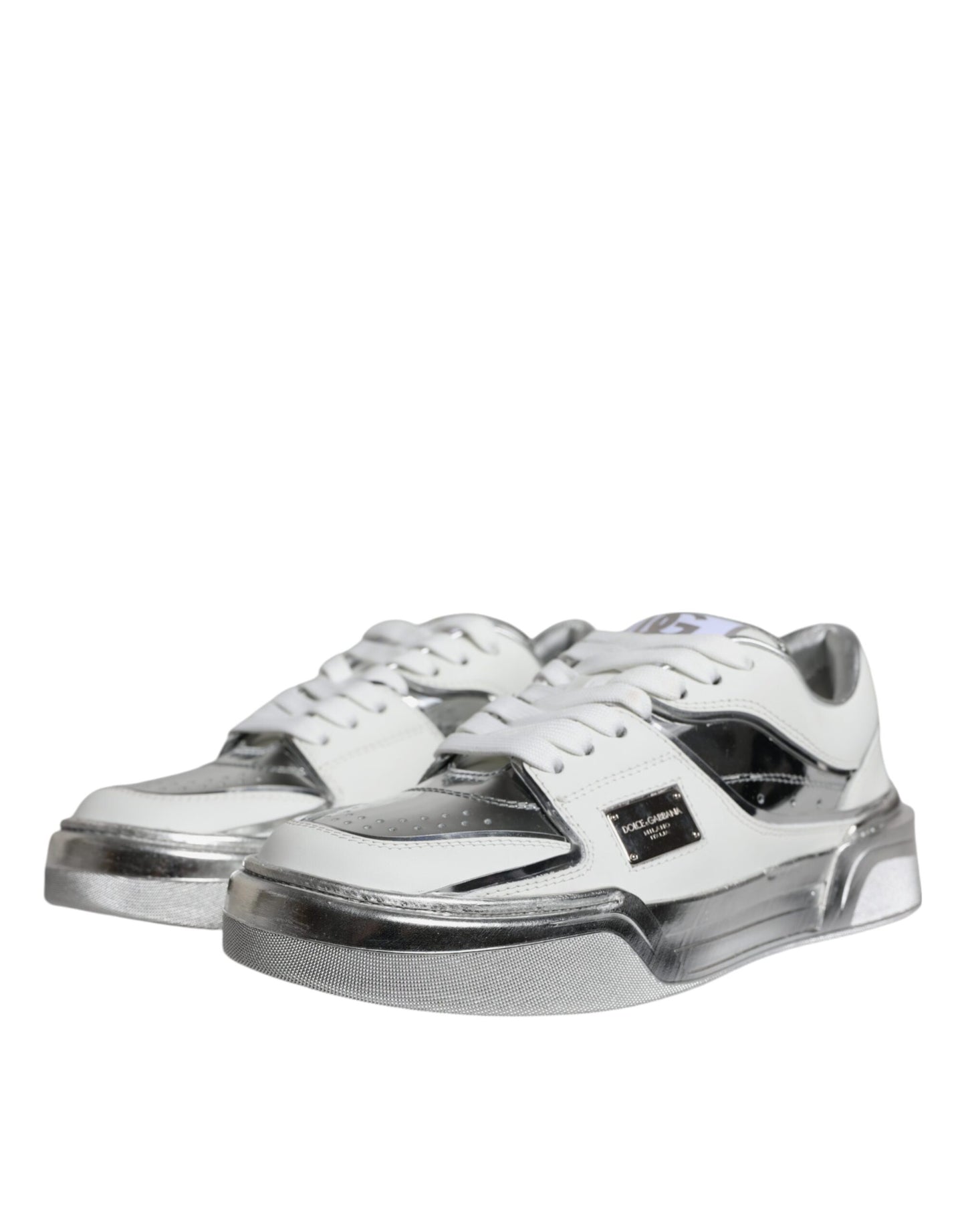 - White Silver Leather Low Top Sneakers Shoes