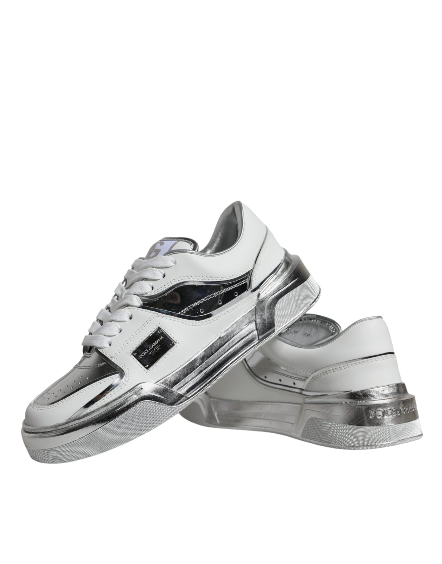 - White Silver Leather Low Top Sneakers Shoes